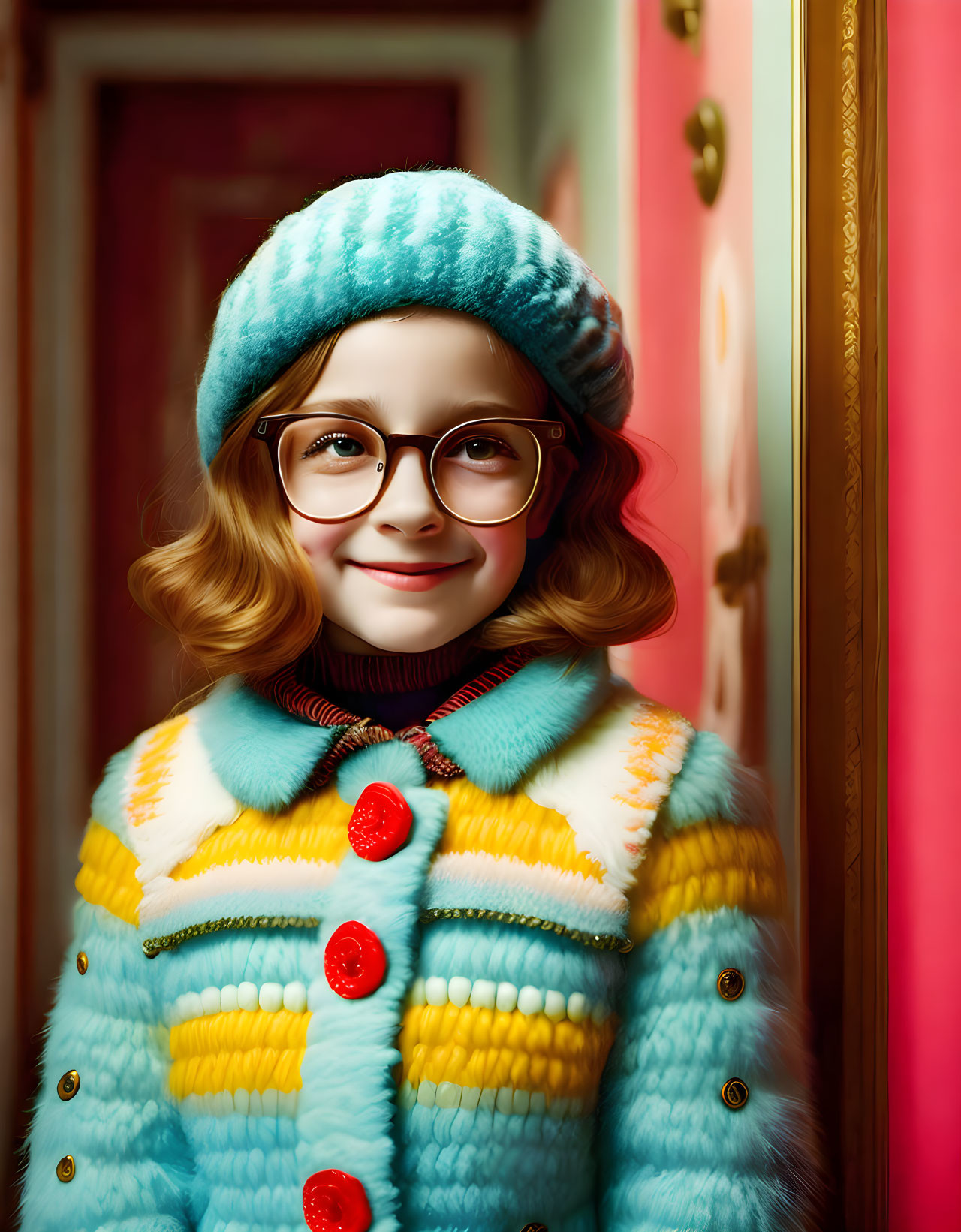 Smiling girl in blue hat and knitted coat by pink door