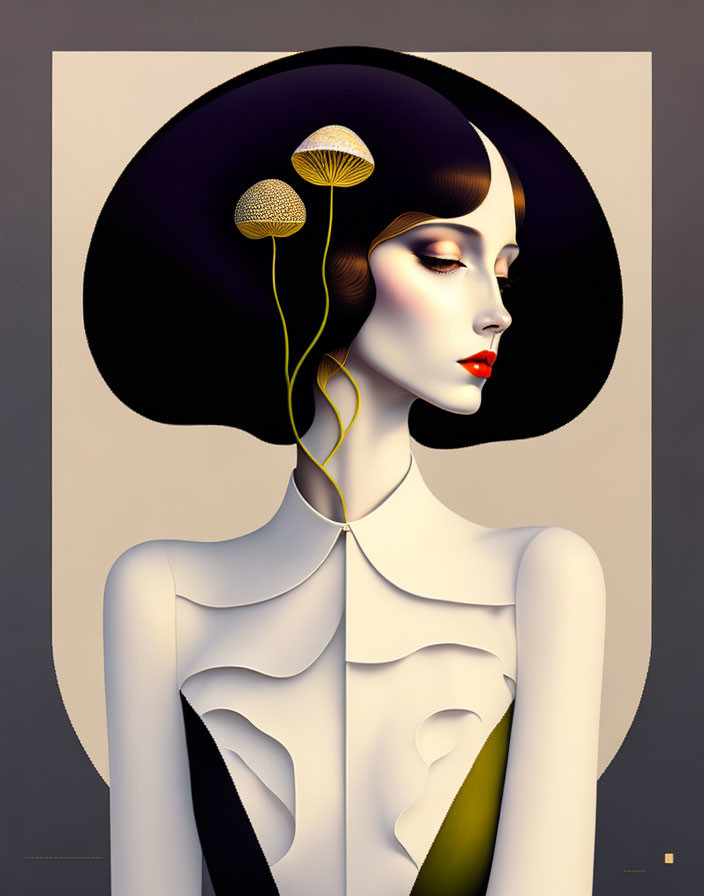 Digital art: Woman in dark hat with gold botanical elements on pale skin, grey backdrop