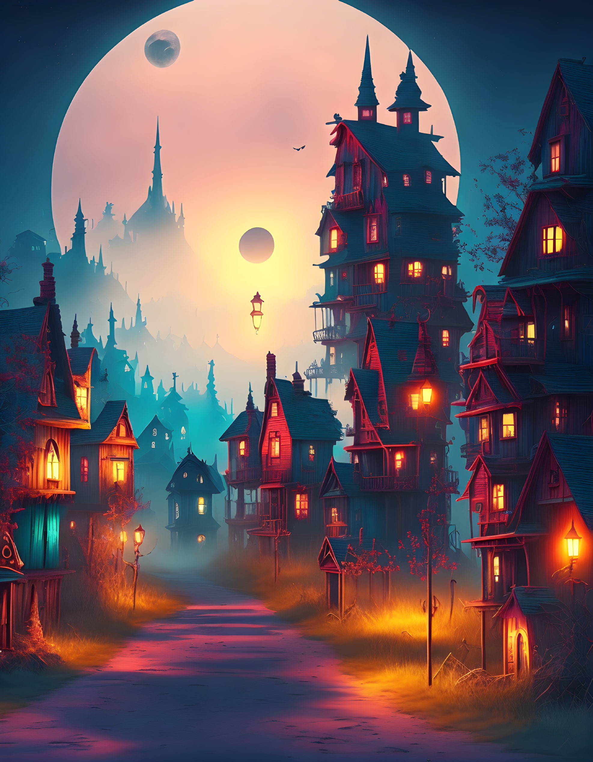 Fantasy night scene with moon, airship, and whimsical houses