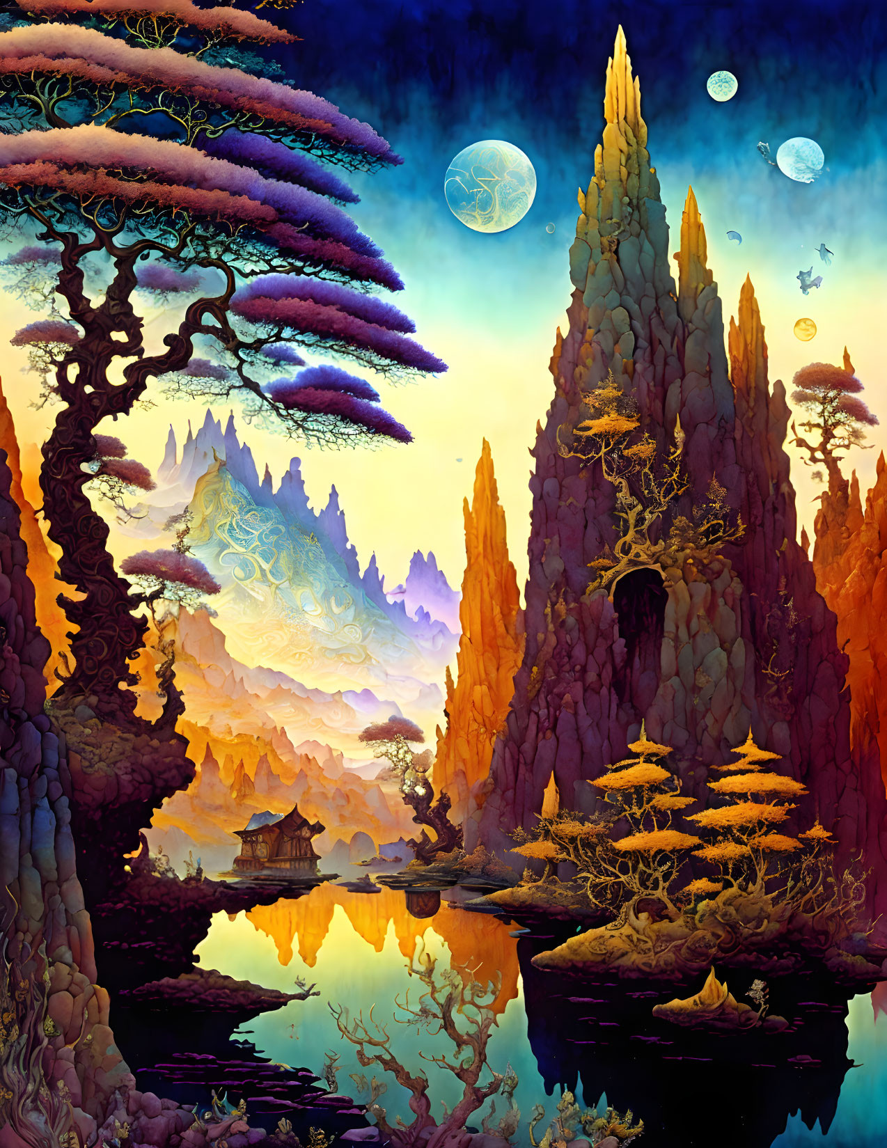 Fantasy landscape with amber spires, blue lake, pagoda, whimsical trees, and multiple