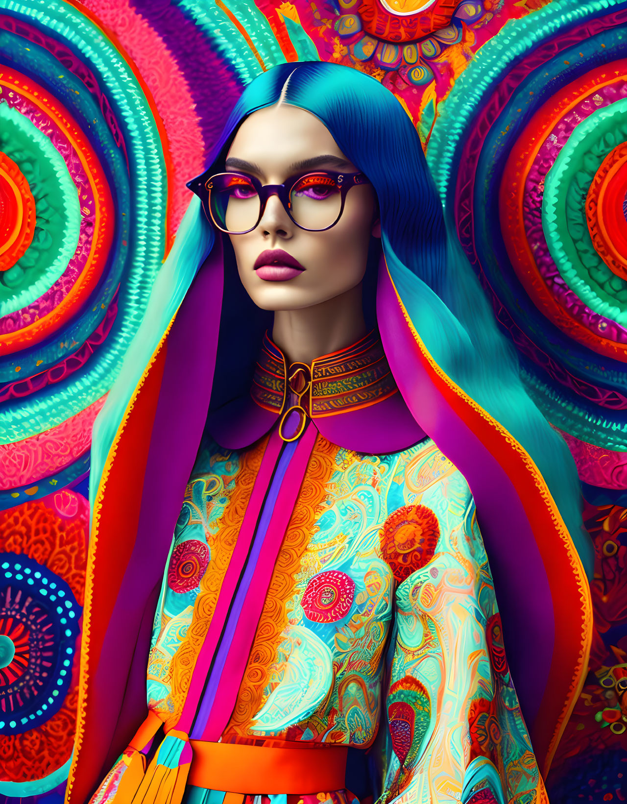 Colorful digital artwork: stylized woman with blue hair and glasses in psychedelic setting