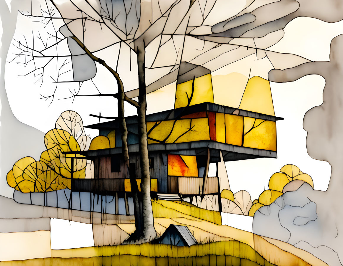 Autumnal treehouse illustration with warm hues