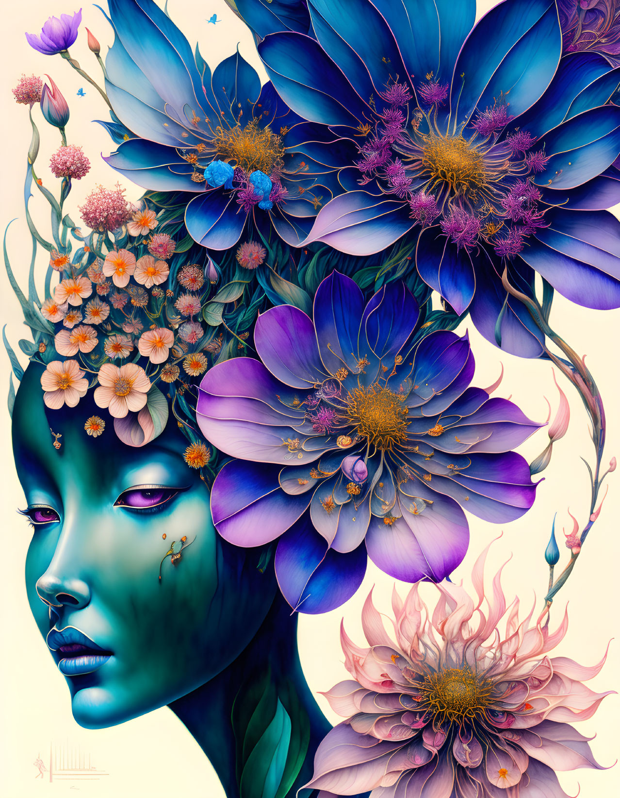 Colorful digital artwork: serene blue-skinned female figure surrounded by intricate flowers