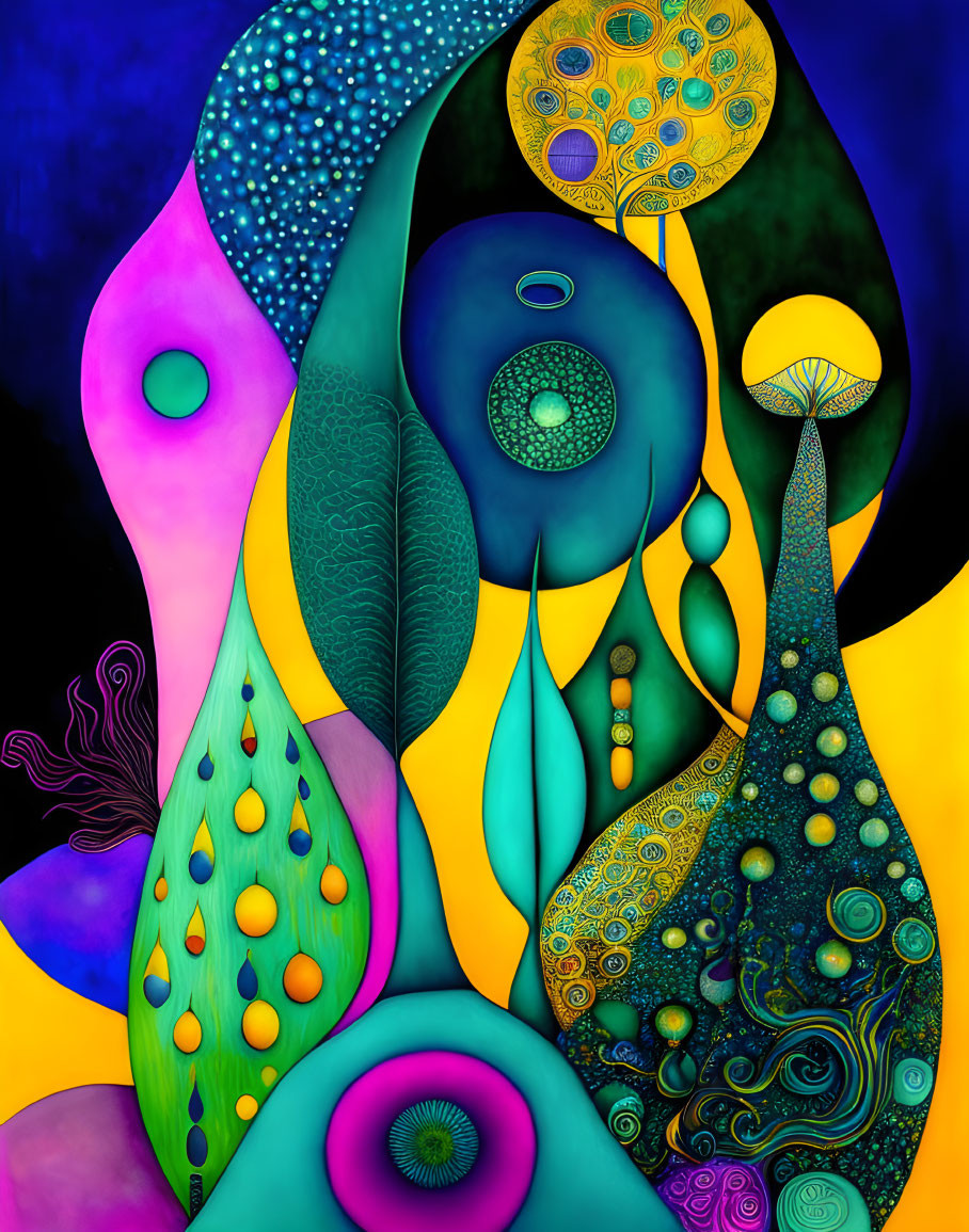 Colorful Abstract Painting with Organic Shapes and Intricate Patterns