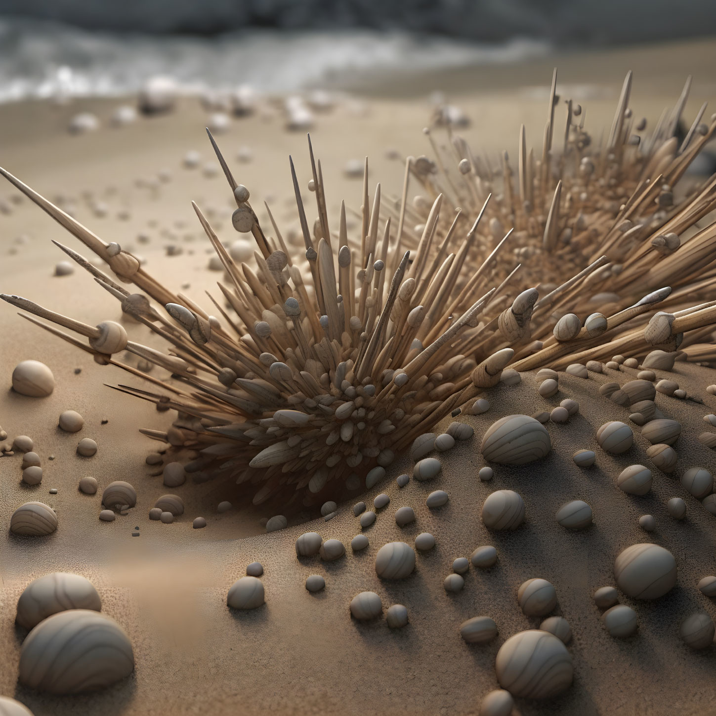 3D-rendered spiny sea urchin structures on sandy beach