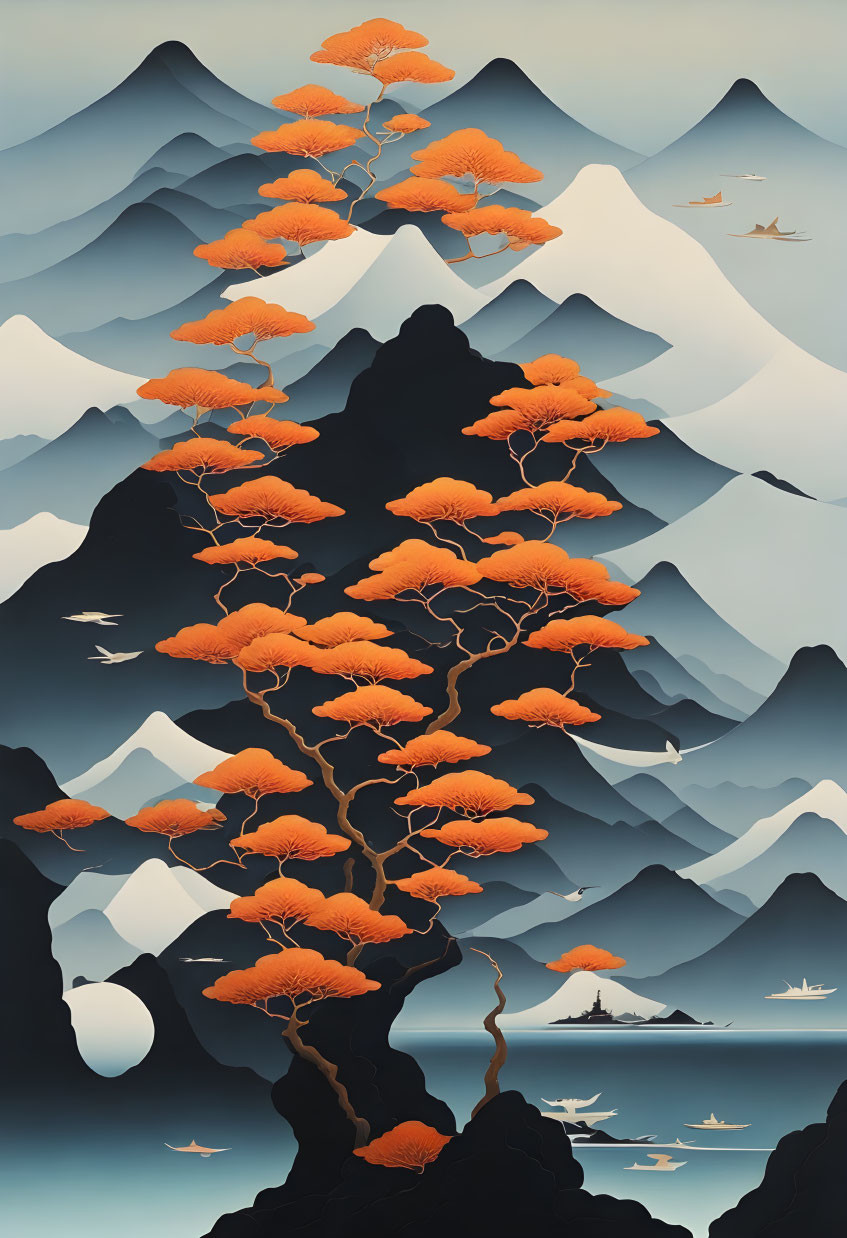 Stylized artwork of orange tree, blue mountains, and flying birds