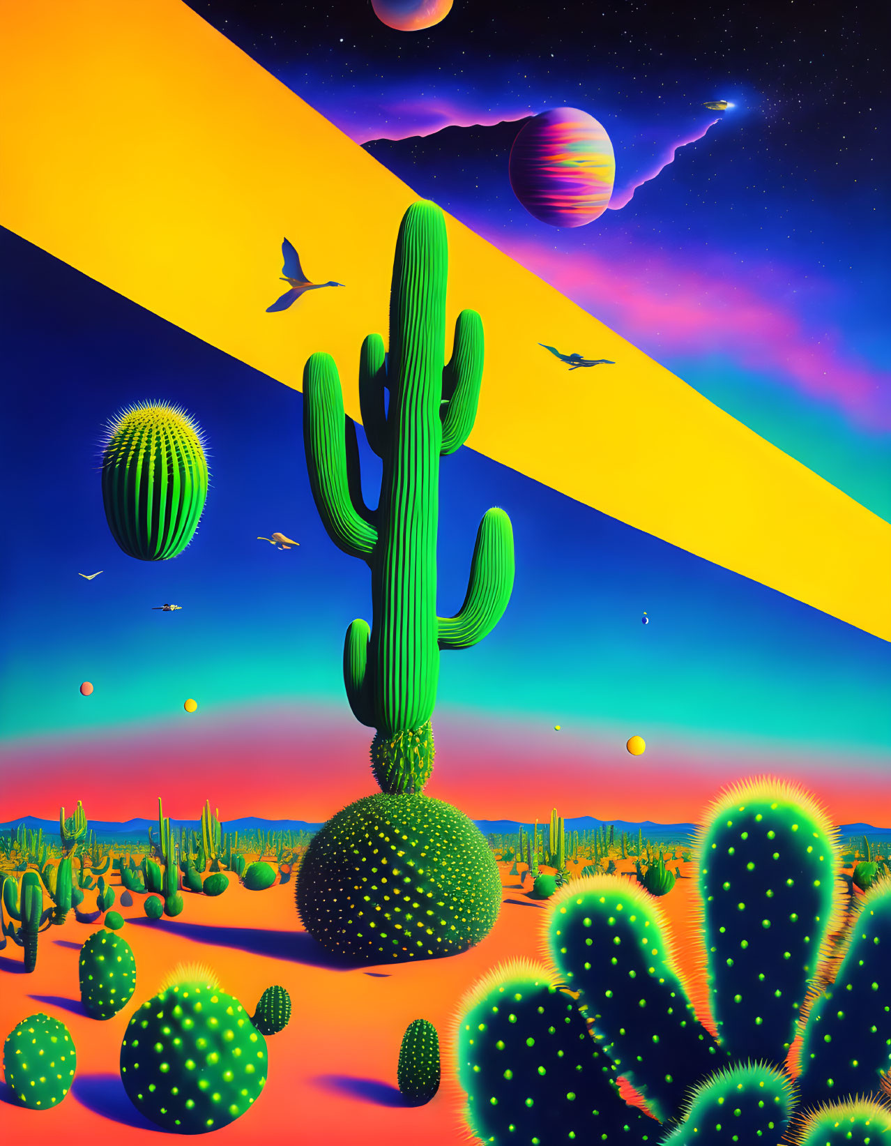 Surreal desert landscape with cacti, planets, comets, birds, and geometric divide