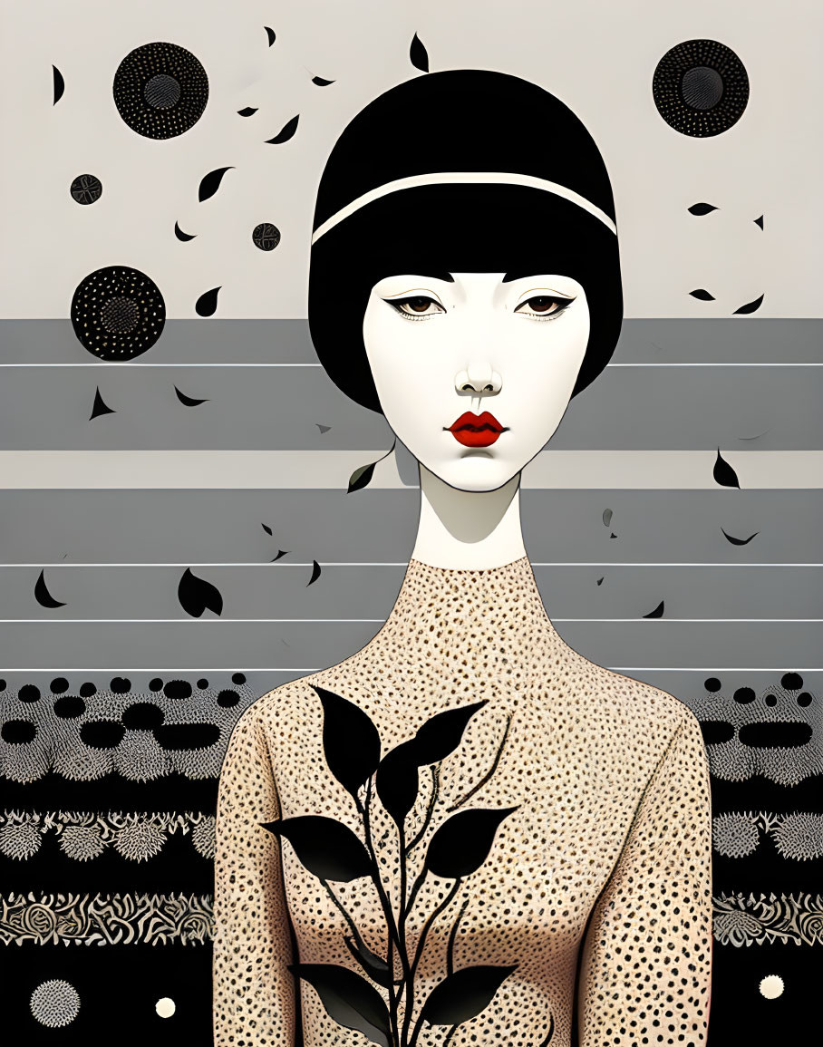 Stylized woman with black cap and red lips against gray background