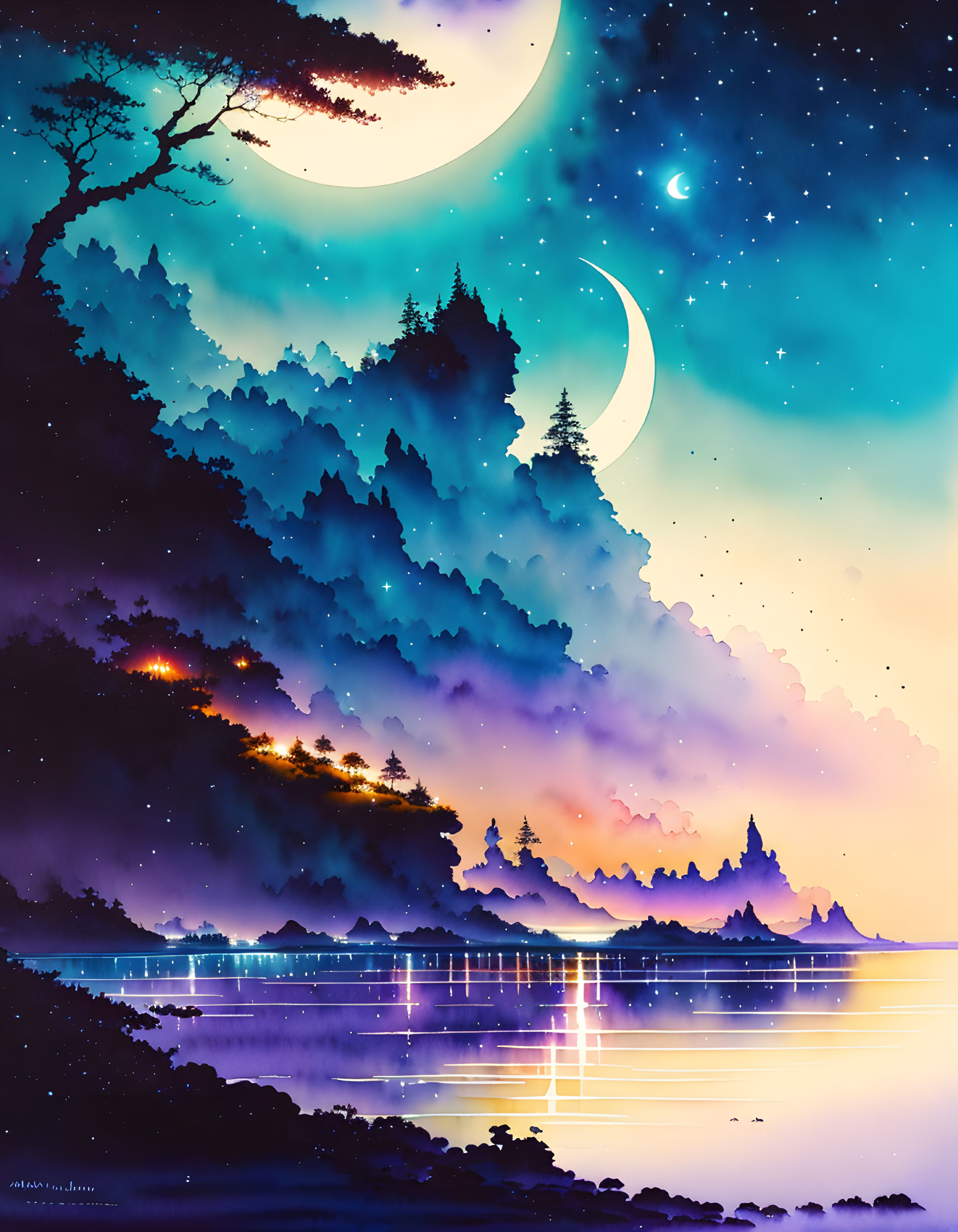 Colorful digital artwork: Night scene with crescent moon, stars, illuminated trees, serene lake,