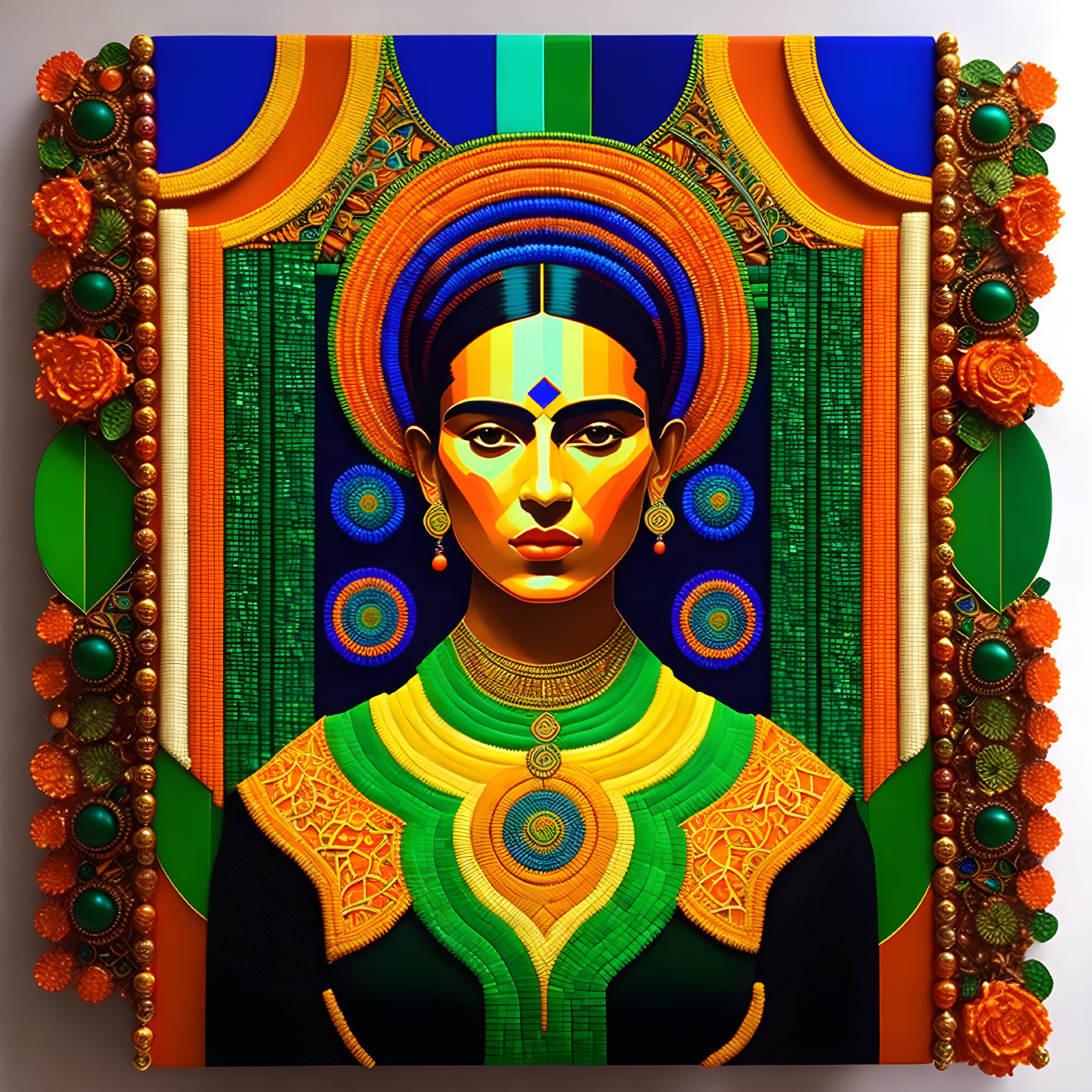 Symmetrical ornate portrait of a woman with vibrant patterns