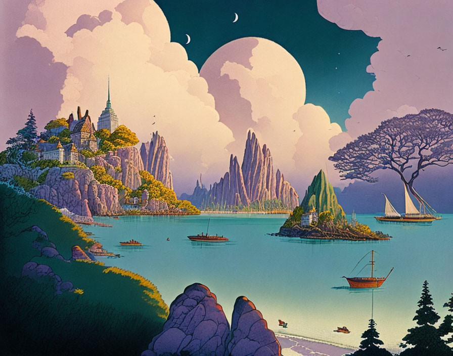 Fantasy landscape with castle, mountains, trees, boats at dusk