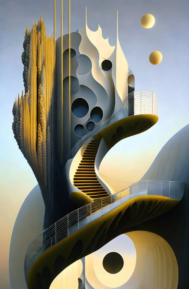 Surreal architectural structure with organic curves and floating spheres at sunset