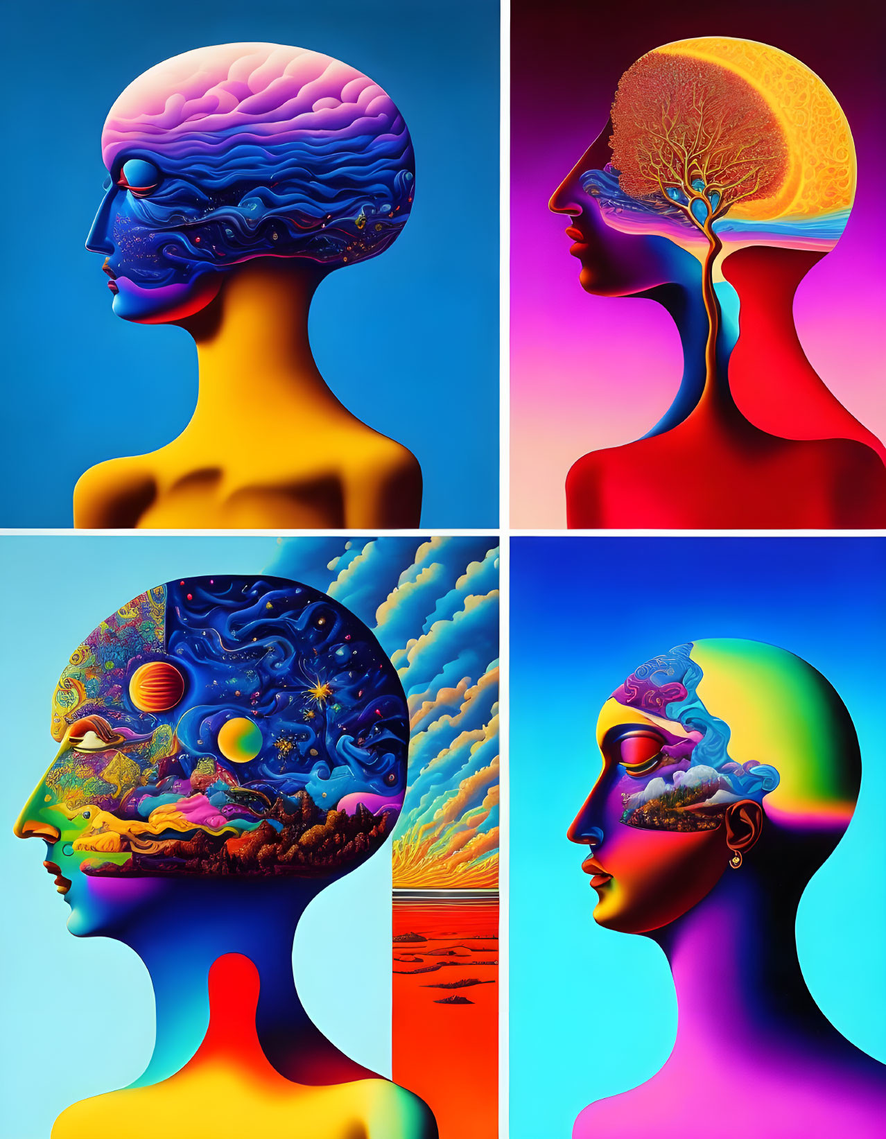 Colorful Human Profile Artworks with Surreal Brain Themes