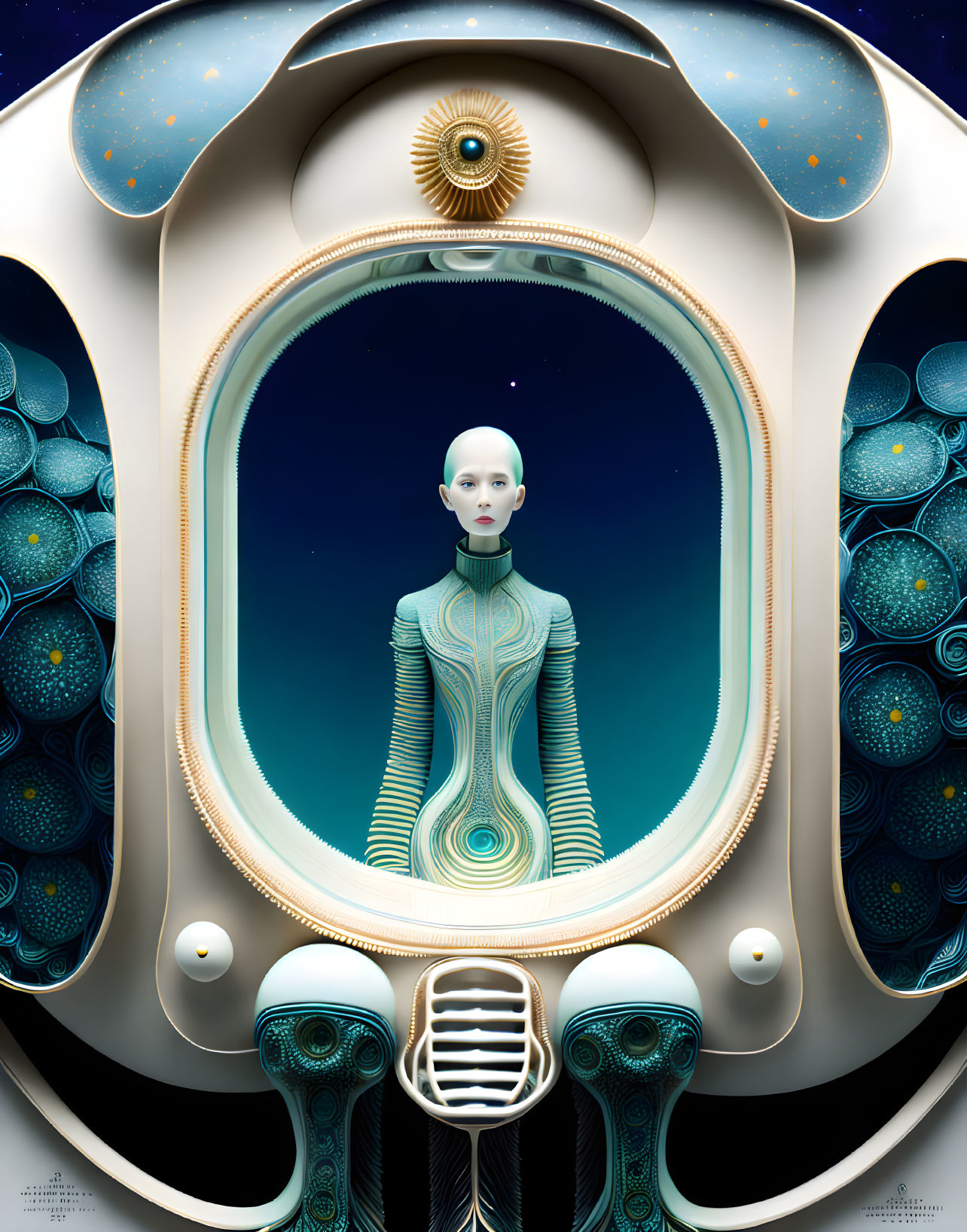 Surreal digital artwork of bald figure in cosmic setting