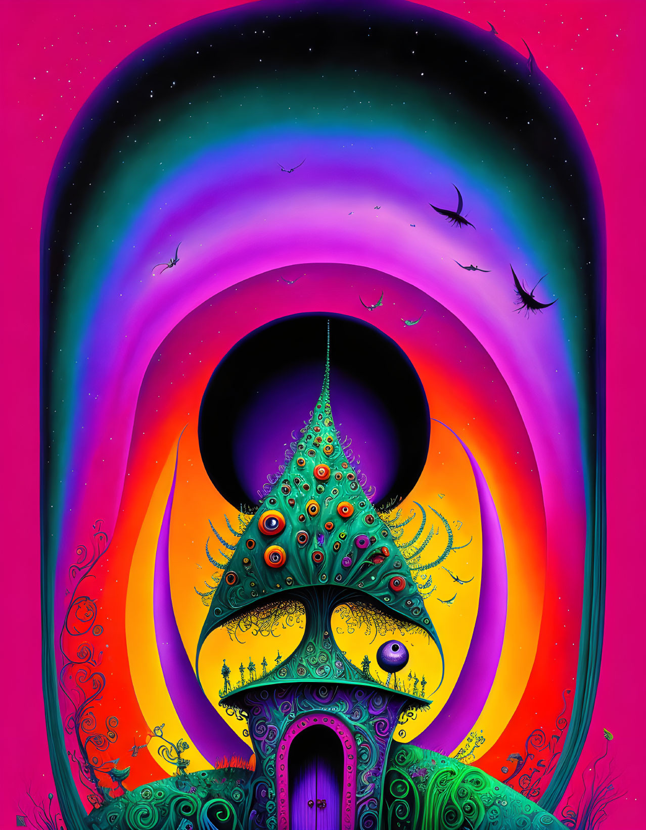 Colorful Psychedelic Artwork of Eye Motif Building Under Rainbow Arch