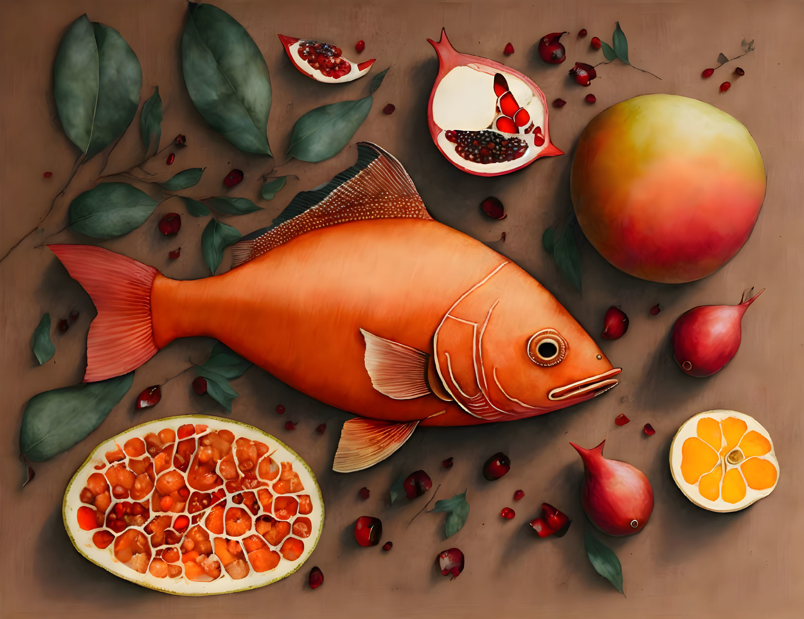 Still life illustration with large orange fish, green leaves, pomegranate, mango, figs