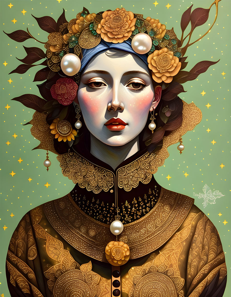 Detailed Portrait of Woman in Ornate Floral Headpiece and Gold Attire