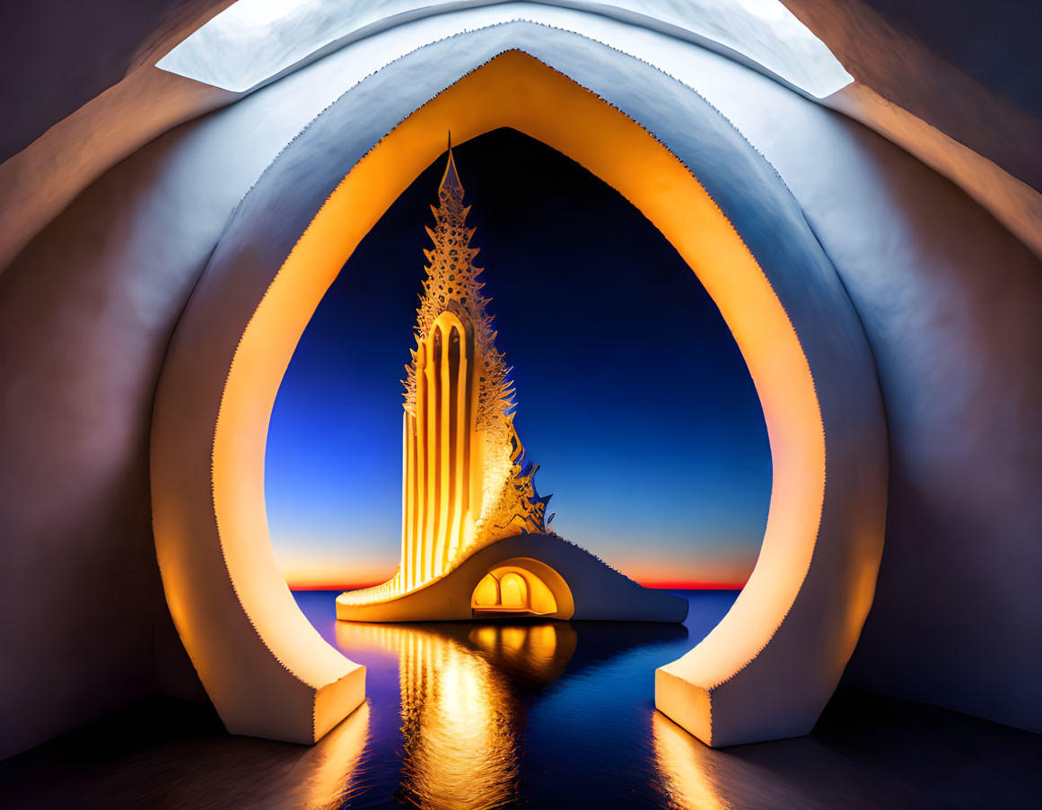 Futuristic illuminated architectural model with flowing lines and curves at twilight