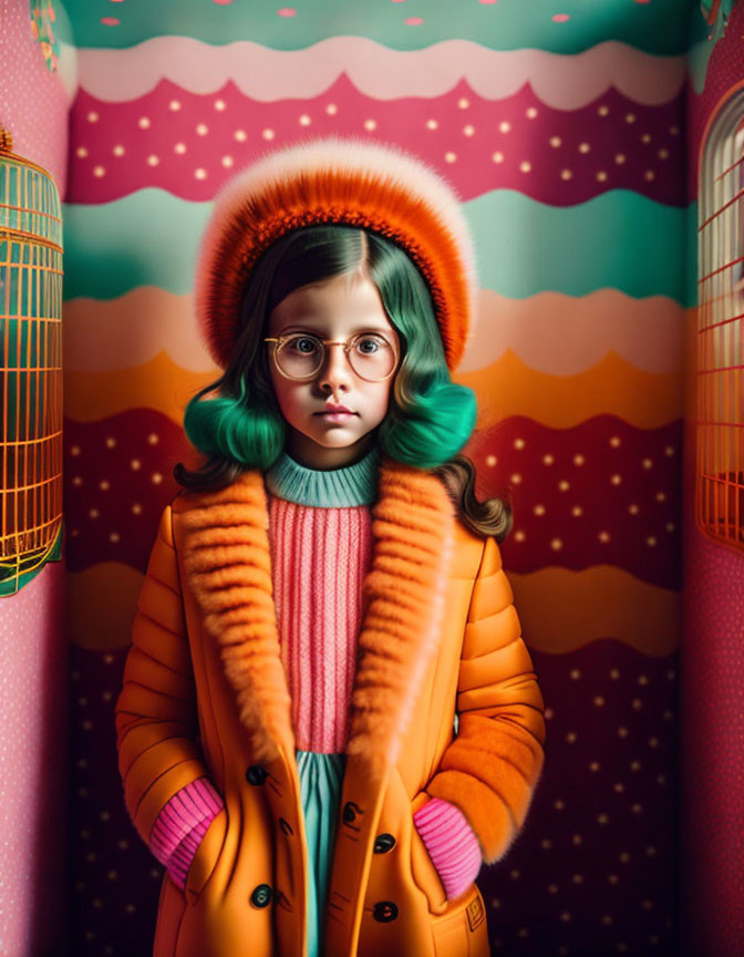 Young girl with green hair in colorful room with birdcages and orange fur coat