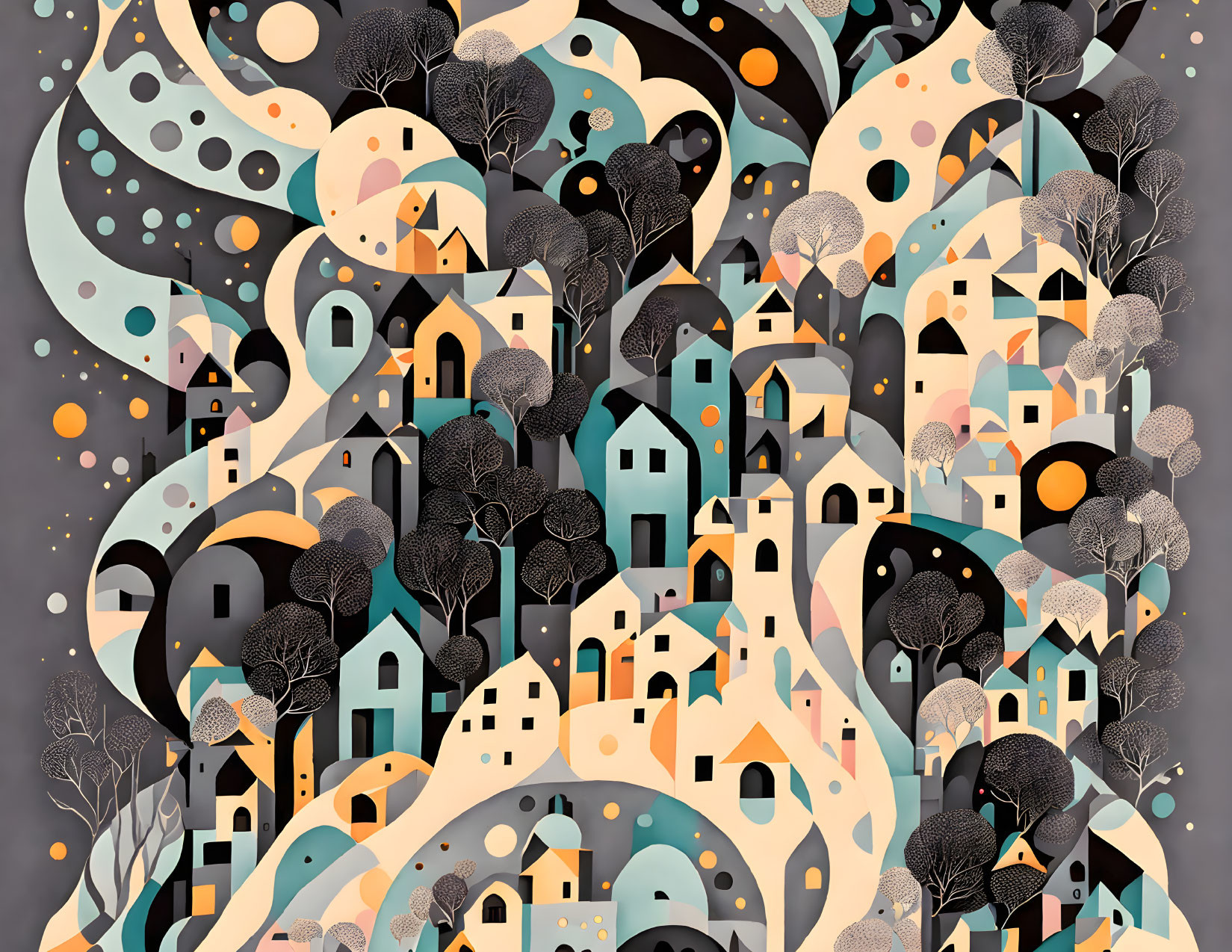 Detailed Stylized Illustration of Whimsical Landscape with Circular Patterns