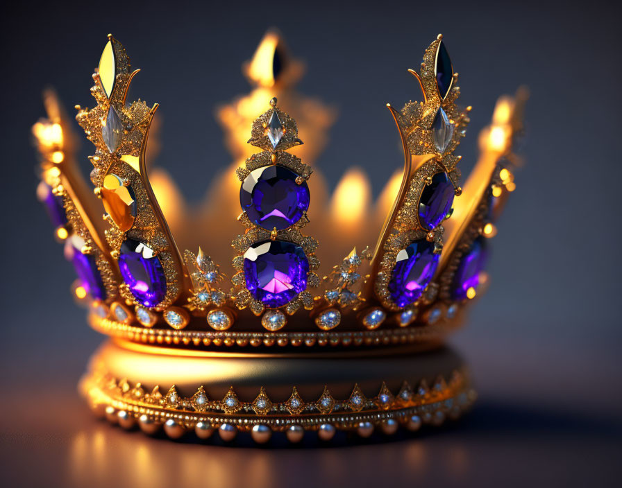 Golden crown with purple gemstones and intricate filigree on reflective surface