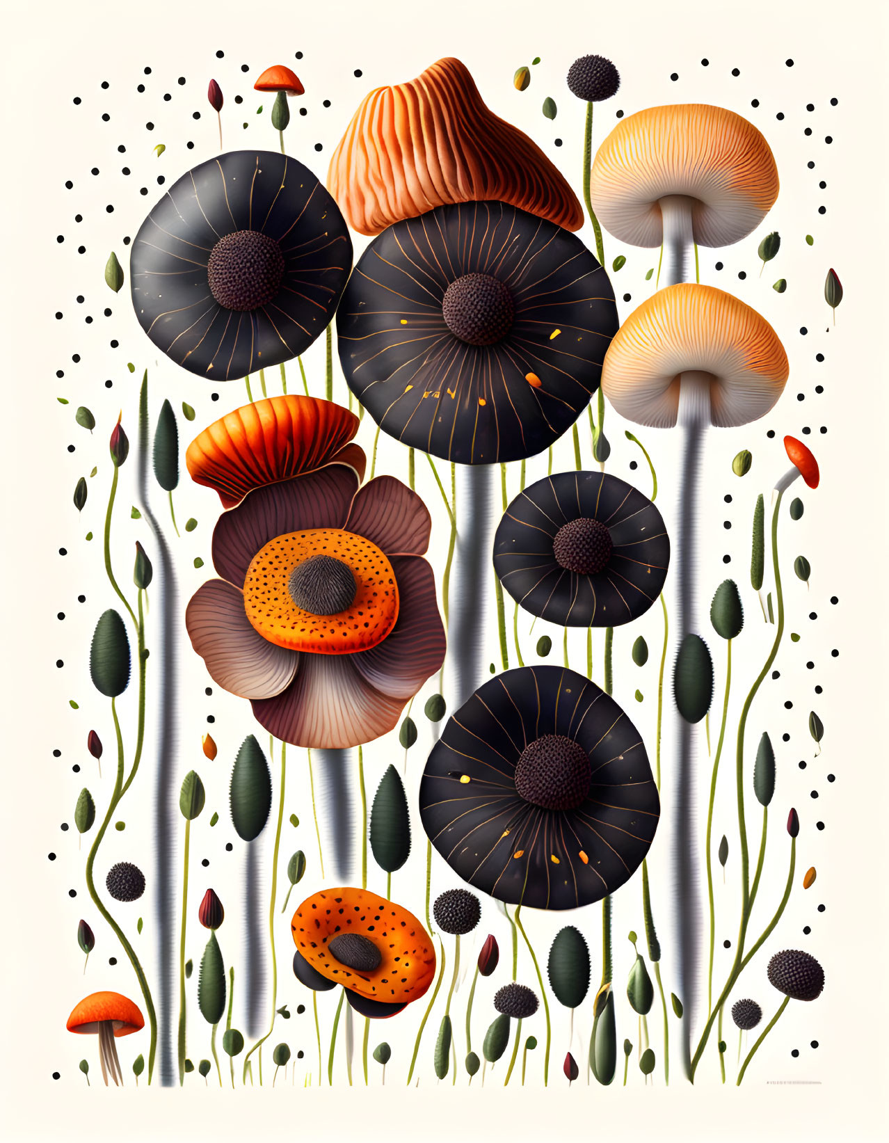 Colorful Mushroom Illustration on Cream Background with Green Foliage