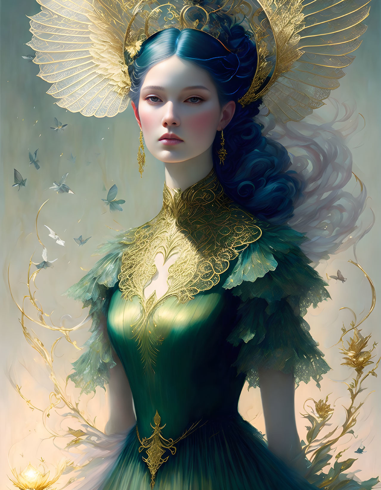 Elegant woman adorned with gold headdress and butterflies