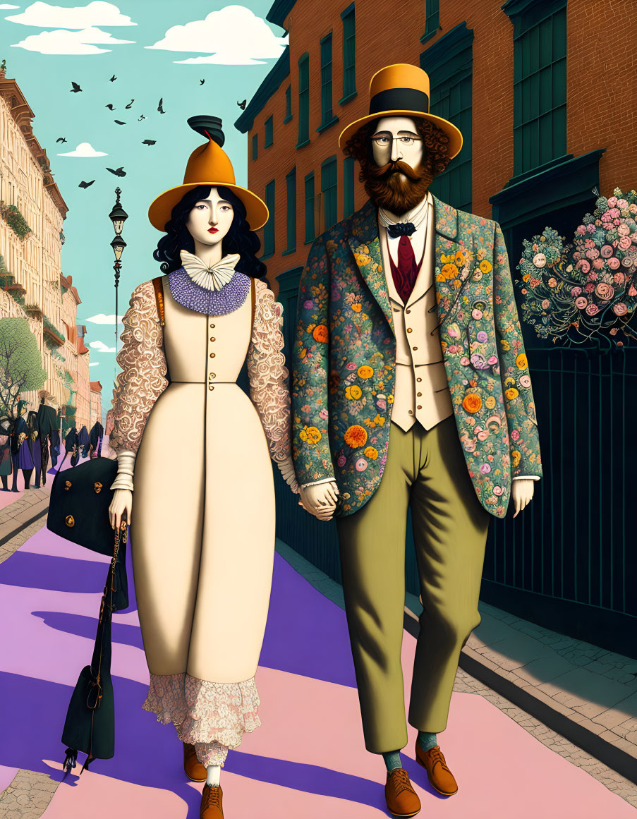 Vintage-dressed couple in colorful cityscape with flowers and birds