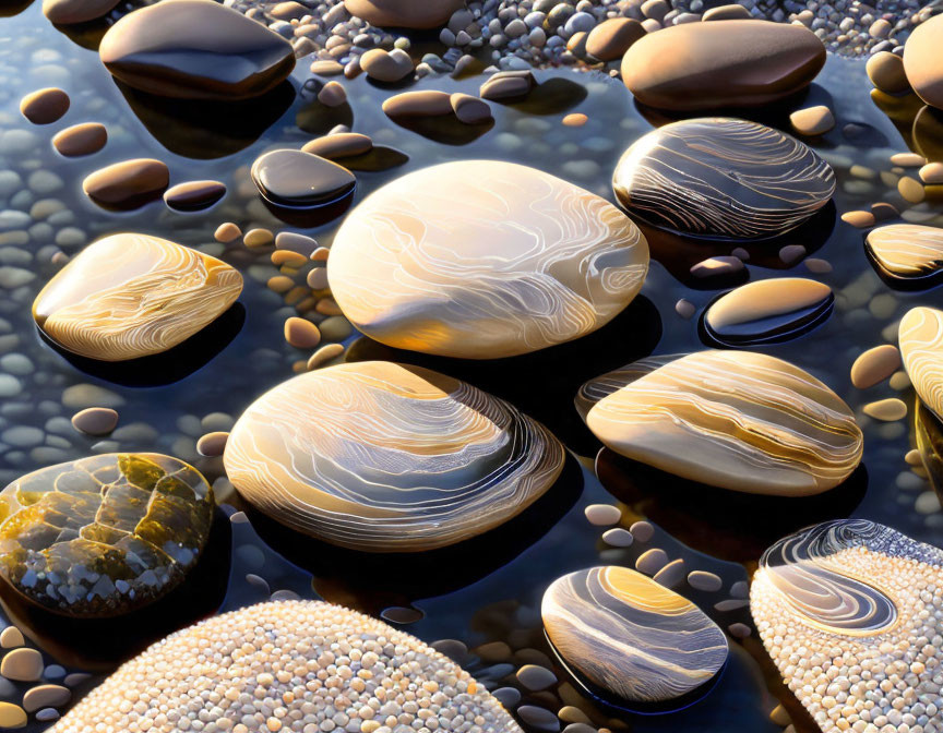 Patterned Pebbles Reflecting on Water Surface