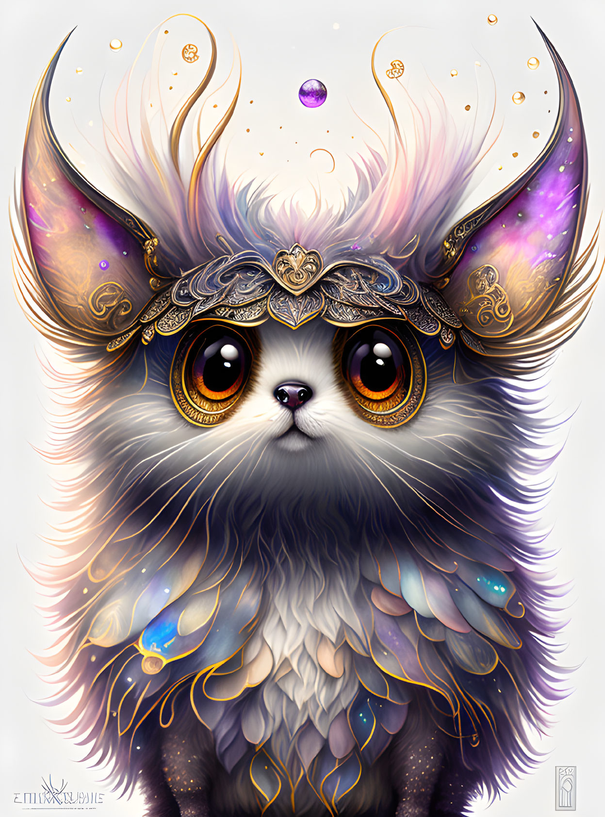 Detailed mystical creature illustration with expressive eyes and celestial fur.