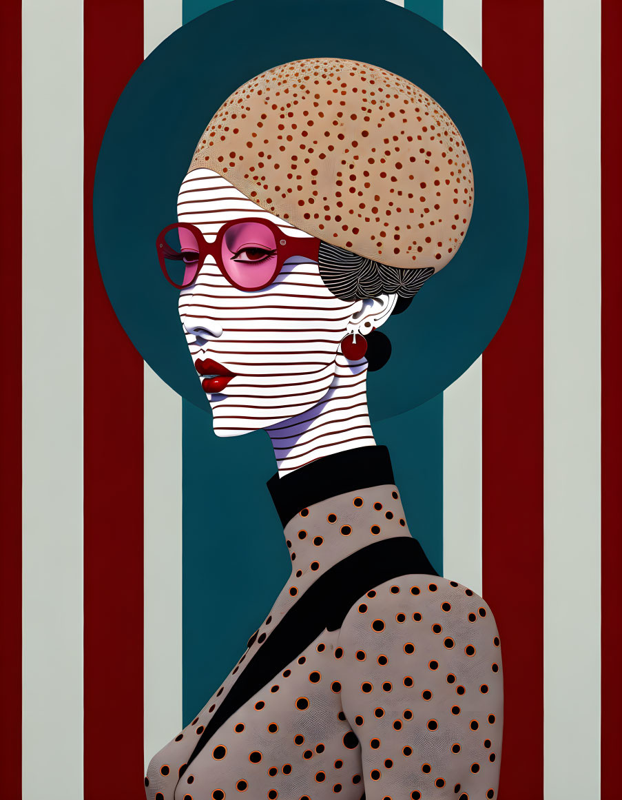 Fashionable woman with polka-dotted headscarf, sunglasses, and bold lipstick on striped backdrop