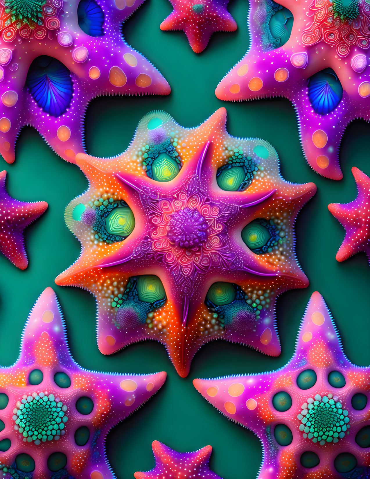 Colorful fractal starfish on teal background