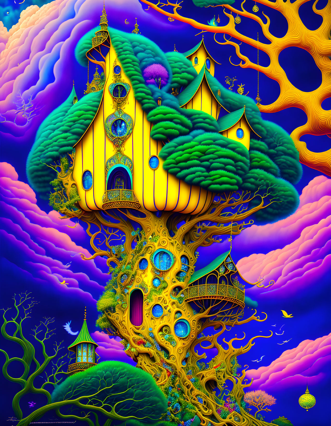 Colorful surreal artwork of a whimsical treehouse in a dream-like setting