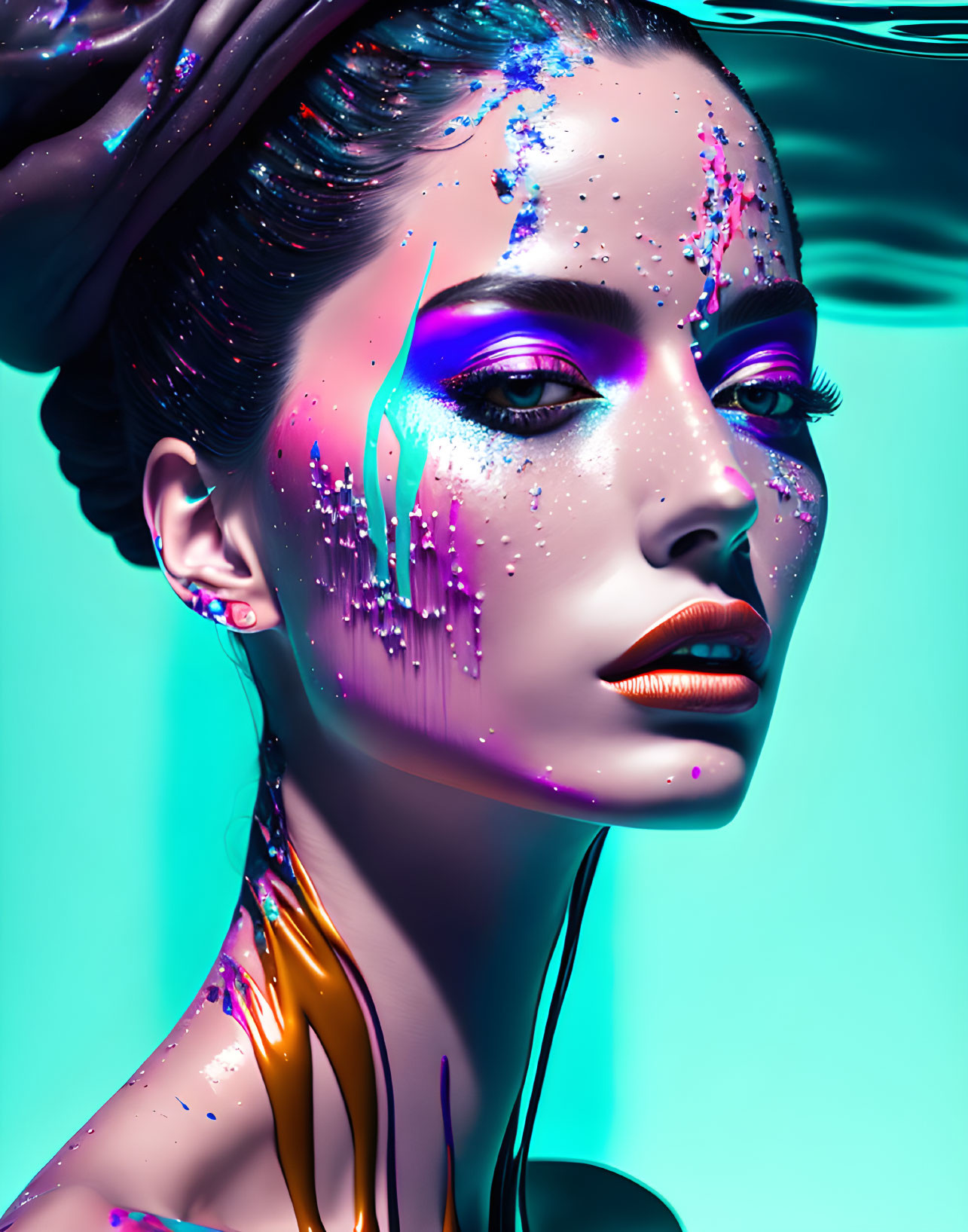 Colorful makeup woman with paint drips on turquoise background