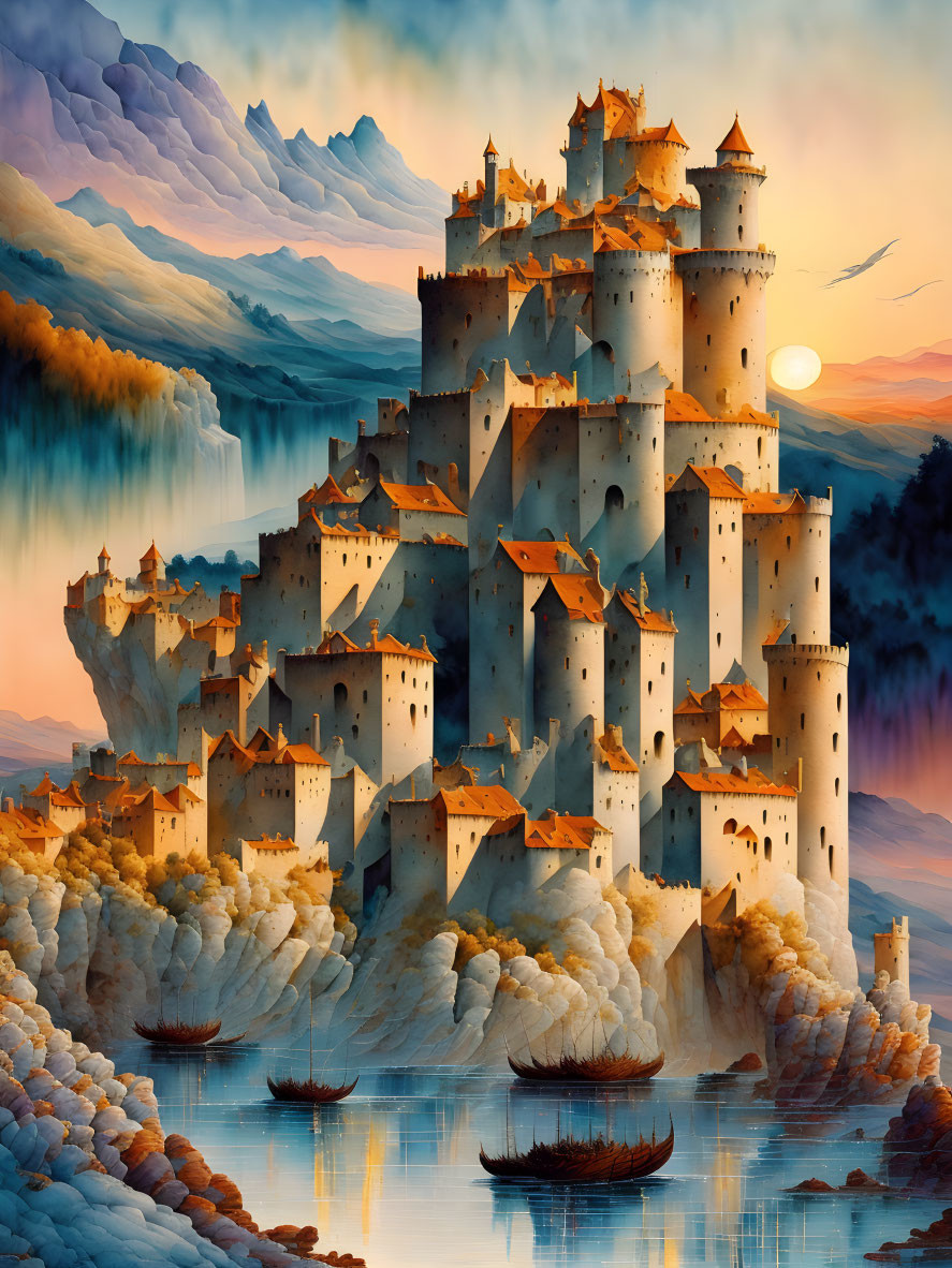 Fantastical castle with towers above clouds at sunset