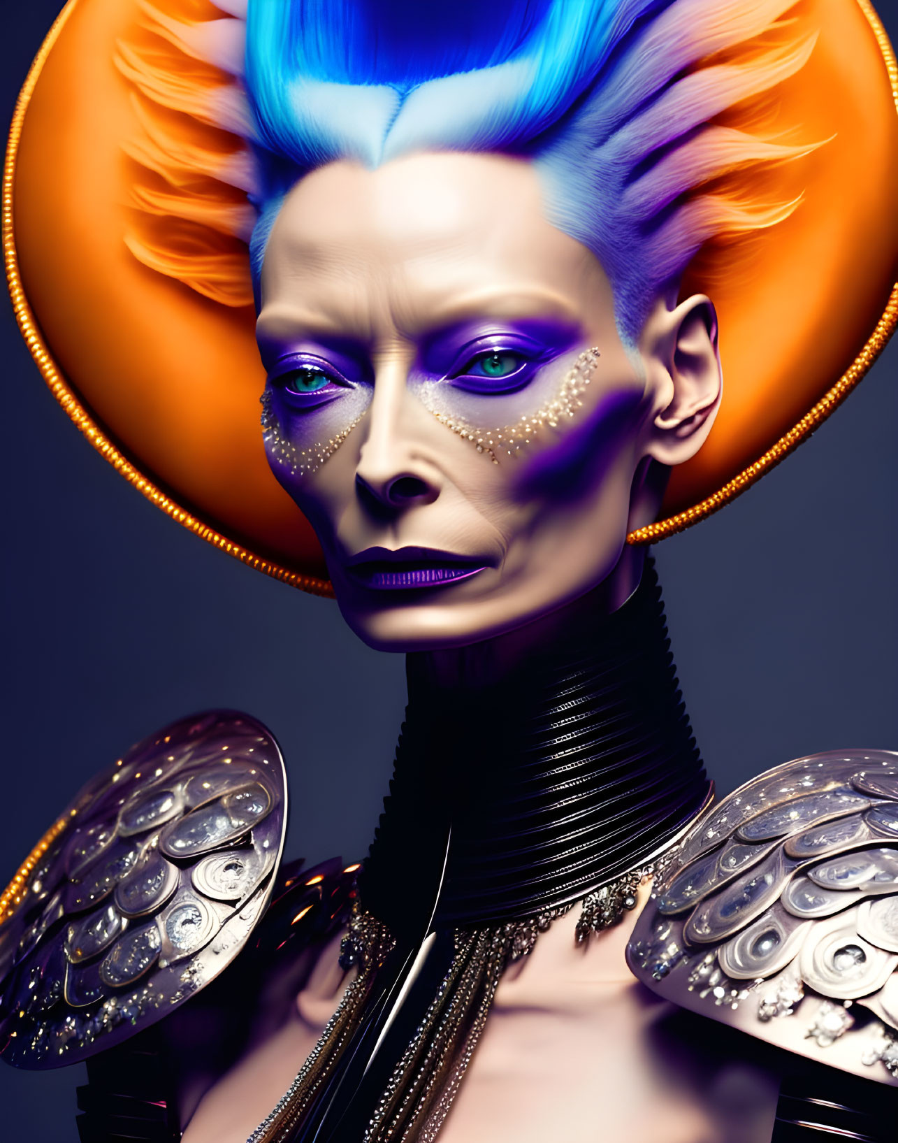 Avant-garde makeup and costume with vibrant blue hair, orange halo, and metallic shoulder armor.