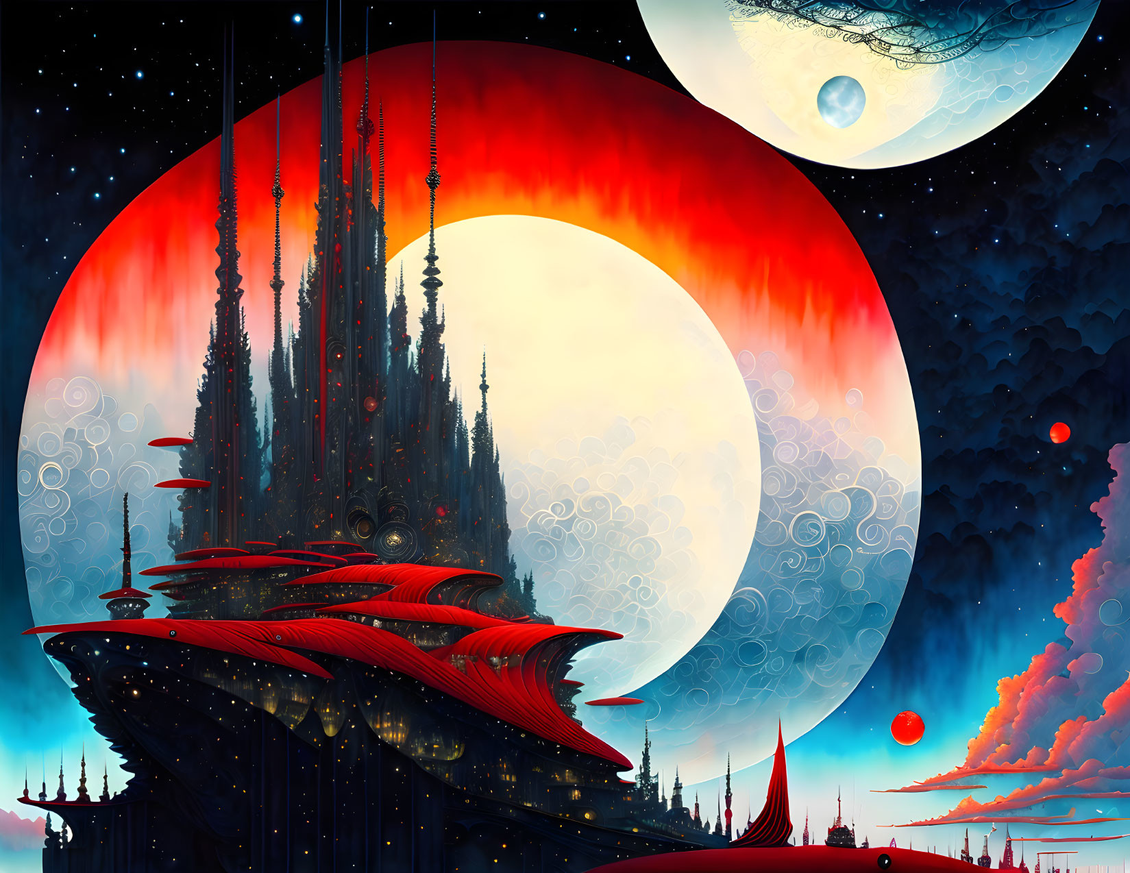 Futuristic cityscape with towering spires and red airship under a massive moon