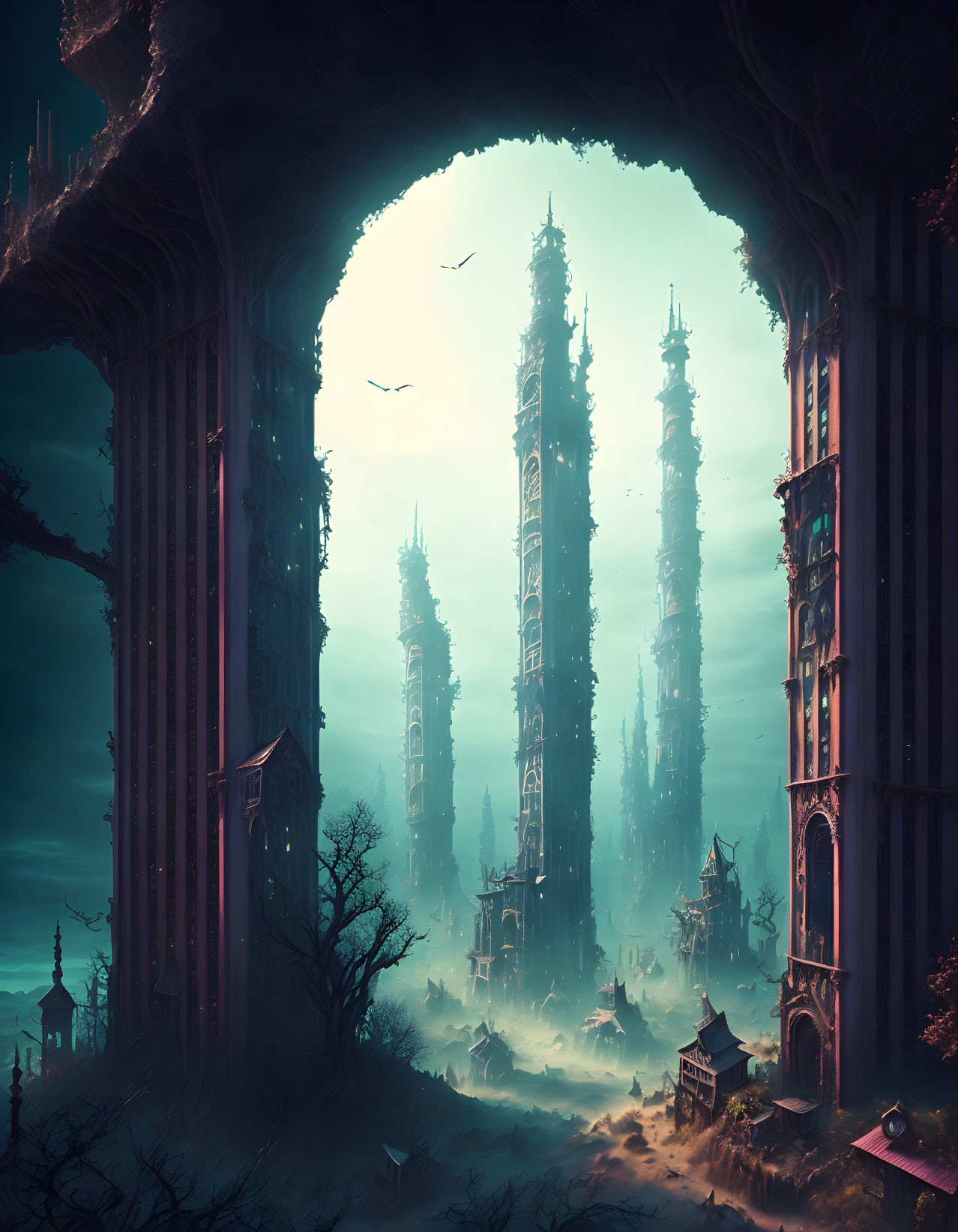 Mystical ruins with towering spires in serene blue light