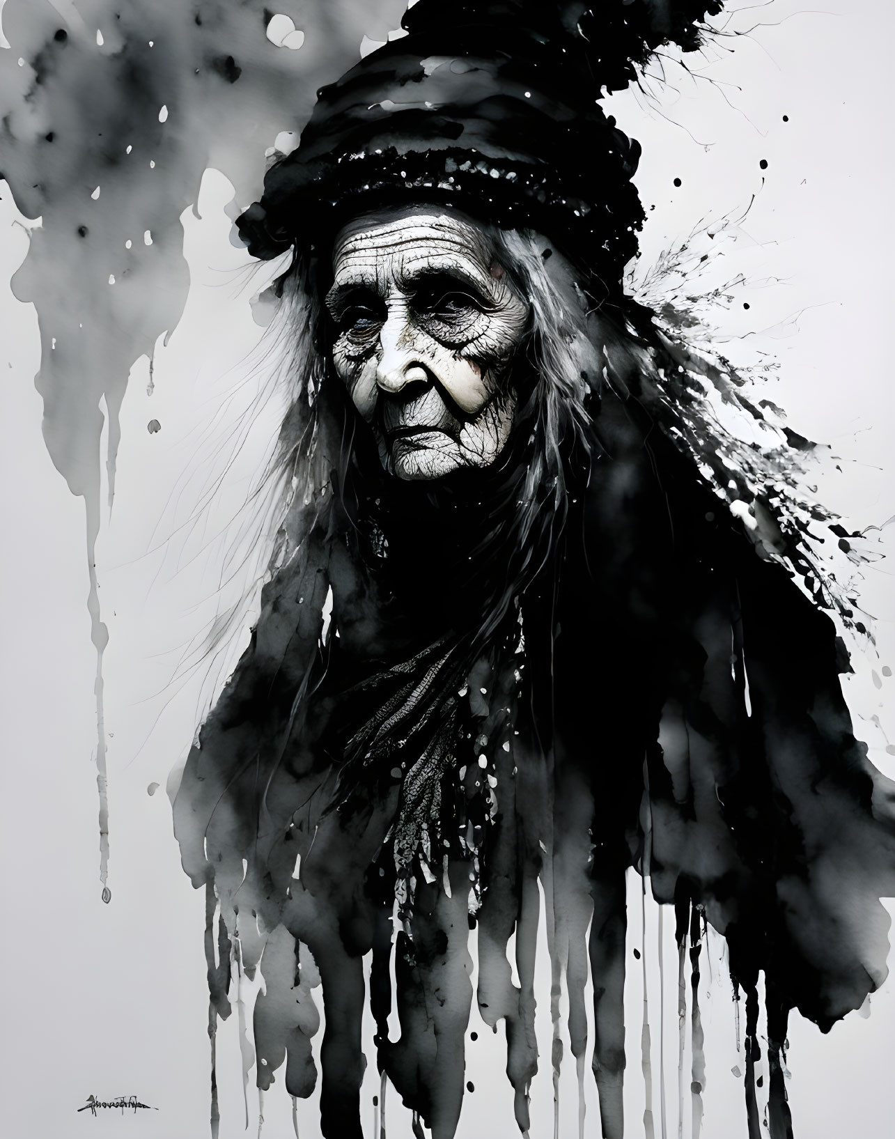 Monochrome artistic portrayal of elderly woman with expressive lines and textures