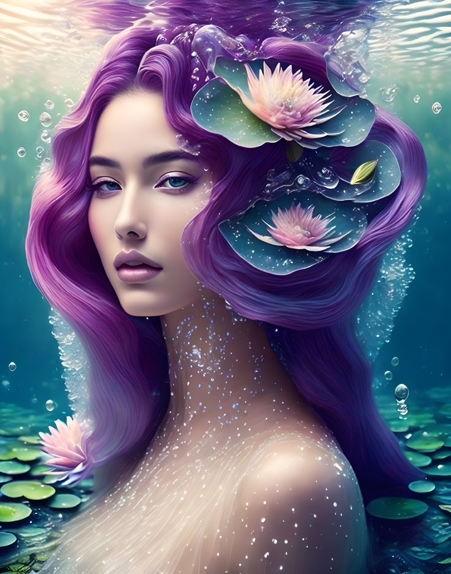 Illustration of woman with purple hair surrounded by water lilies and bubbles