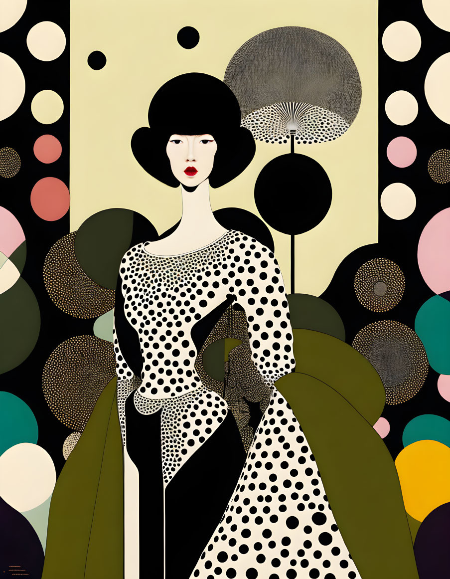 Art Deco Style Illustration of Elegant Woman in Polka-Dot Dress