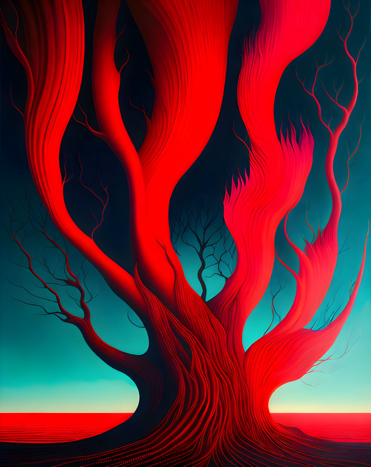 Vivid red tree with wavy branches on blue-orange gradient background