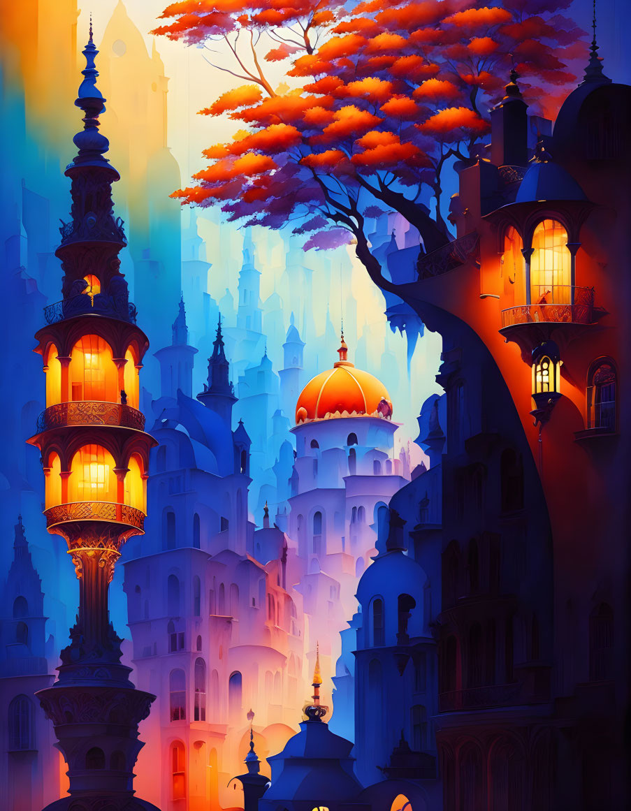 Fantasy cityscape with glowing towers and orange foliage against a blue gradient sky