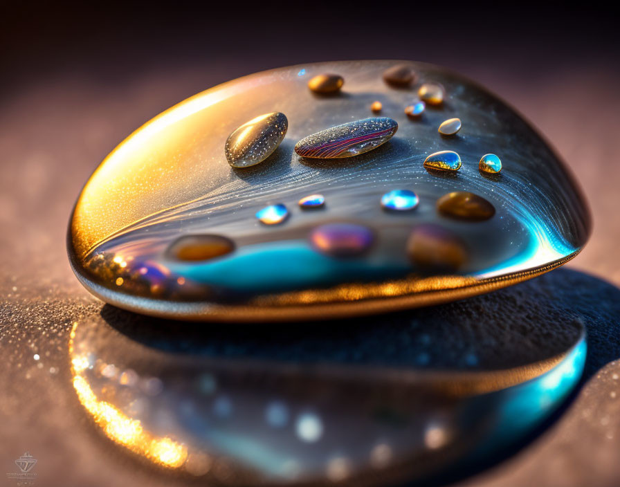 Close-up of large water droplet reflecting warm golden light