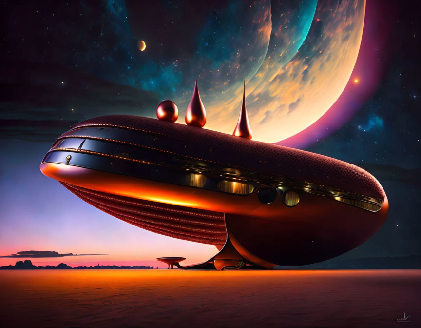 Futuristic spaceship on barren landscape with planet and moon in starlit sky