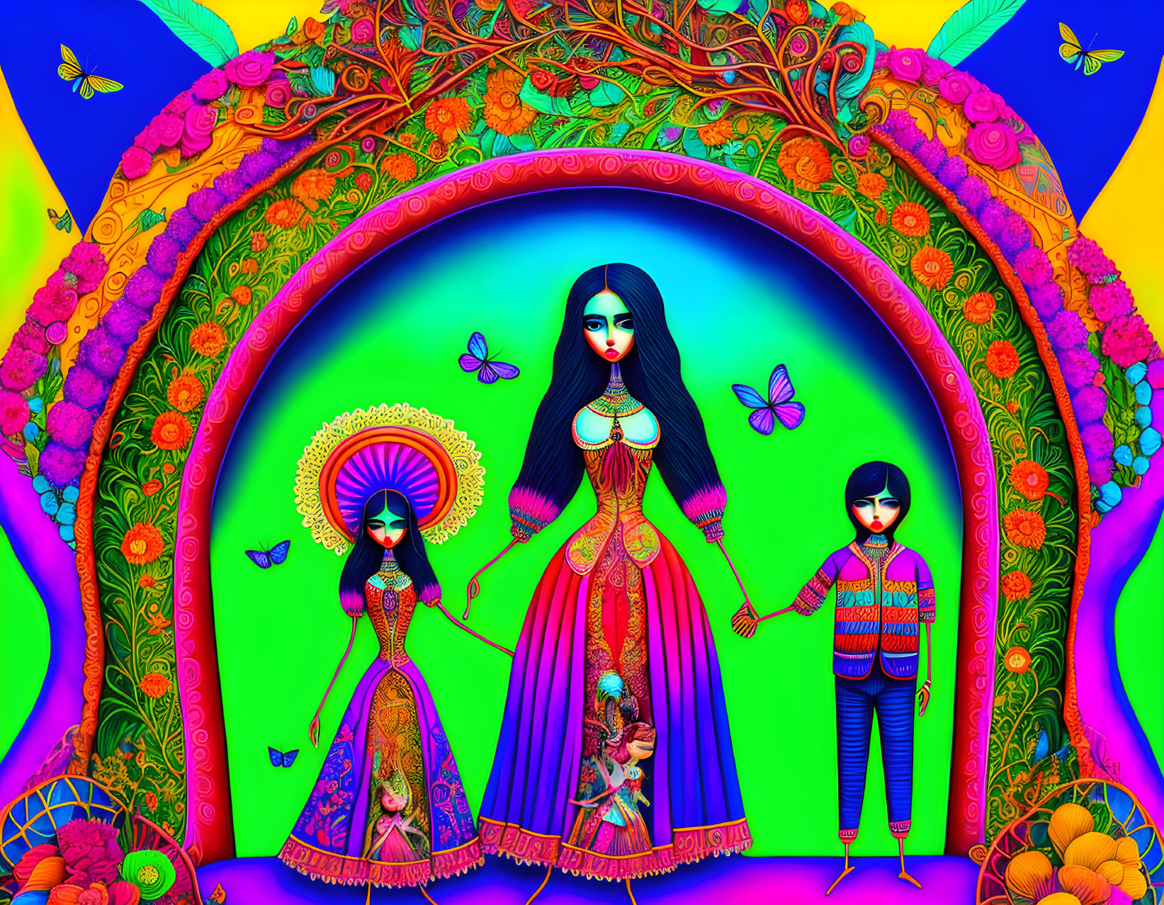 Colorful Illustration of Three Figures in Intricate Clothing with Butterflies