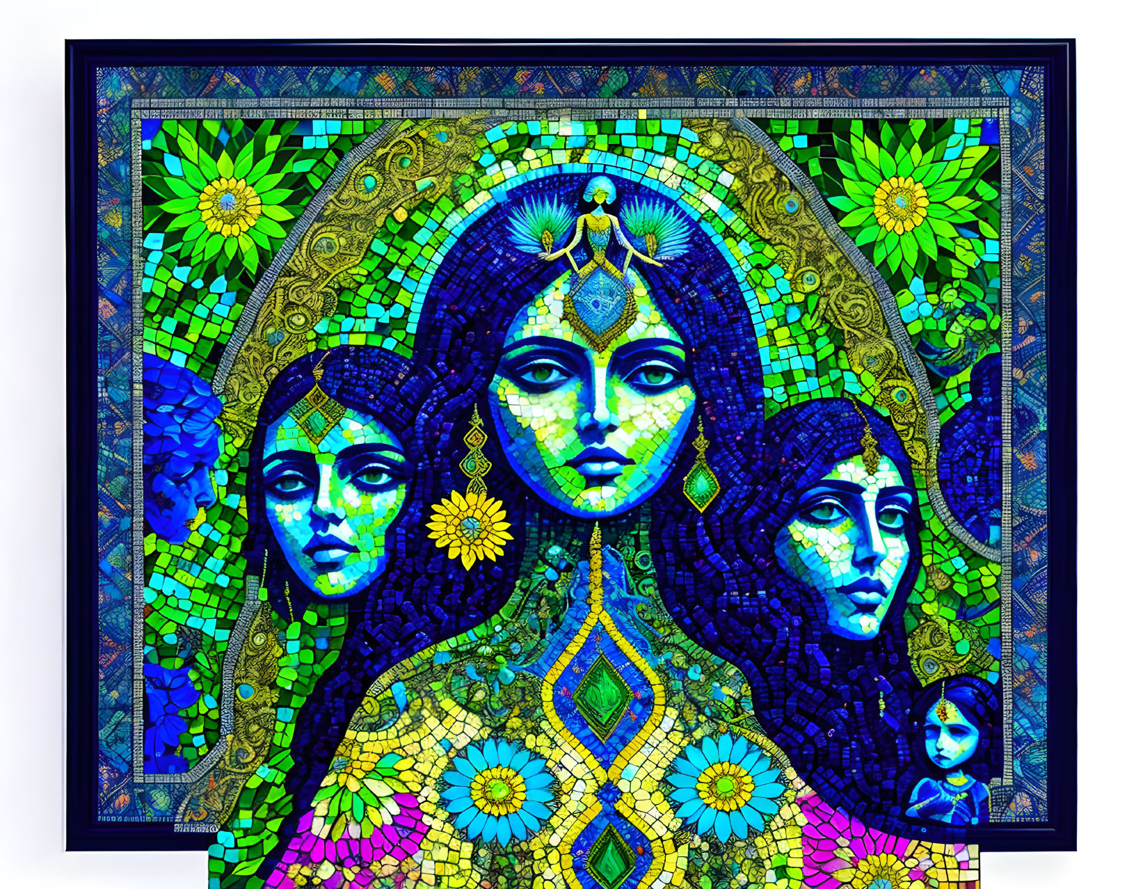 Colorful mosaic artwork with central woman and intricate patterns.