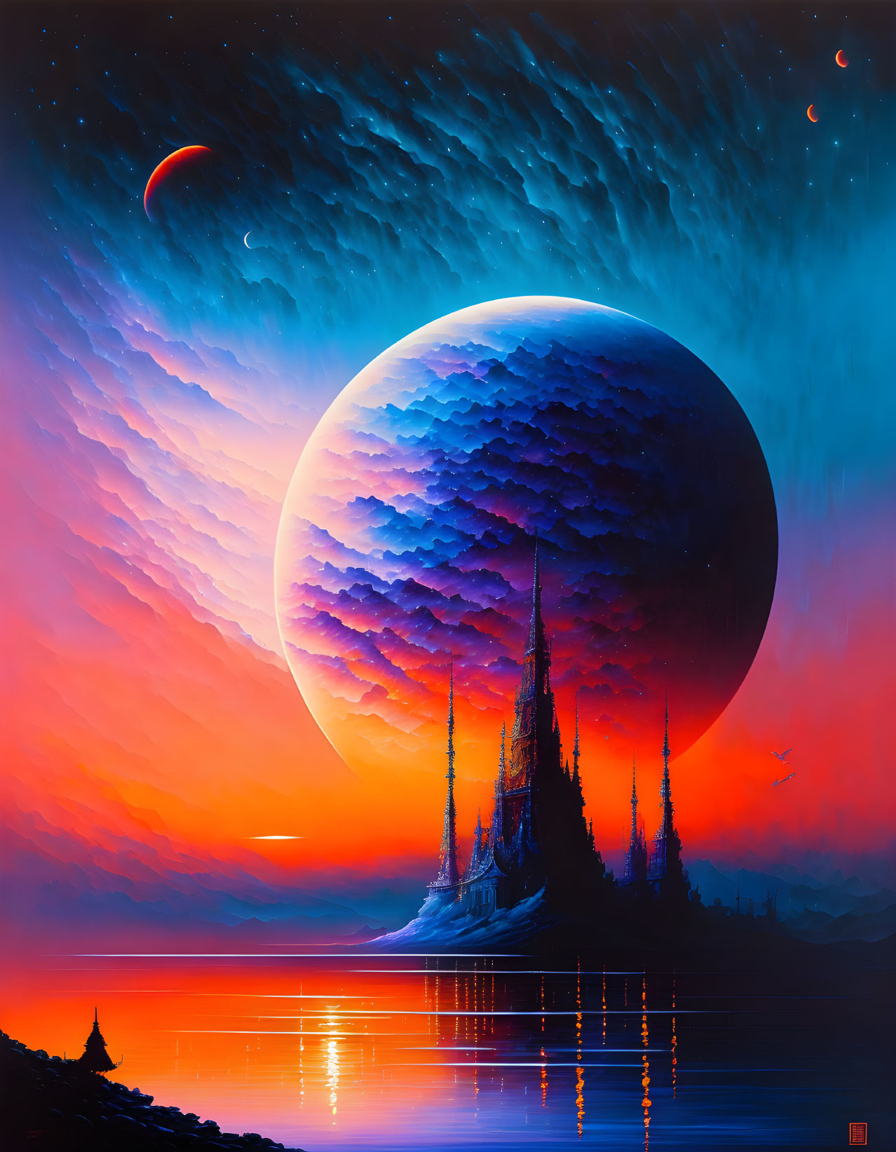 Sci-fi landscape with celestial body, lake, spires, sunset sky, and stars