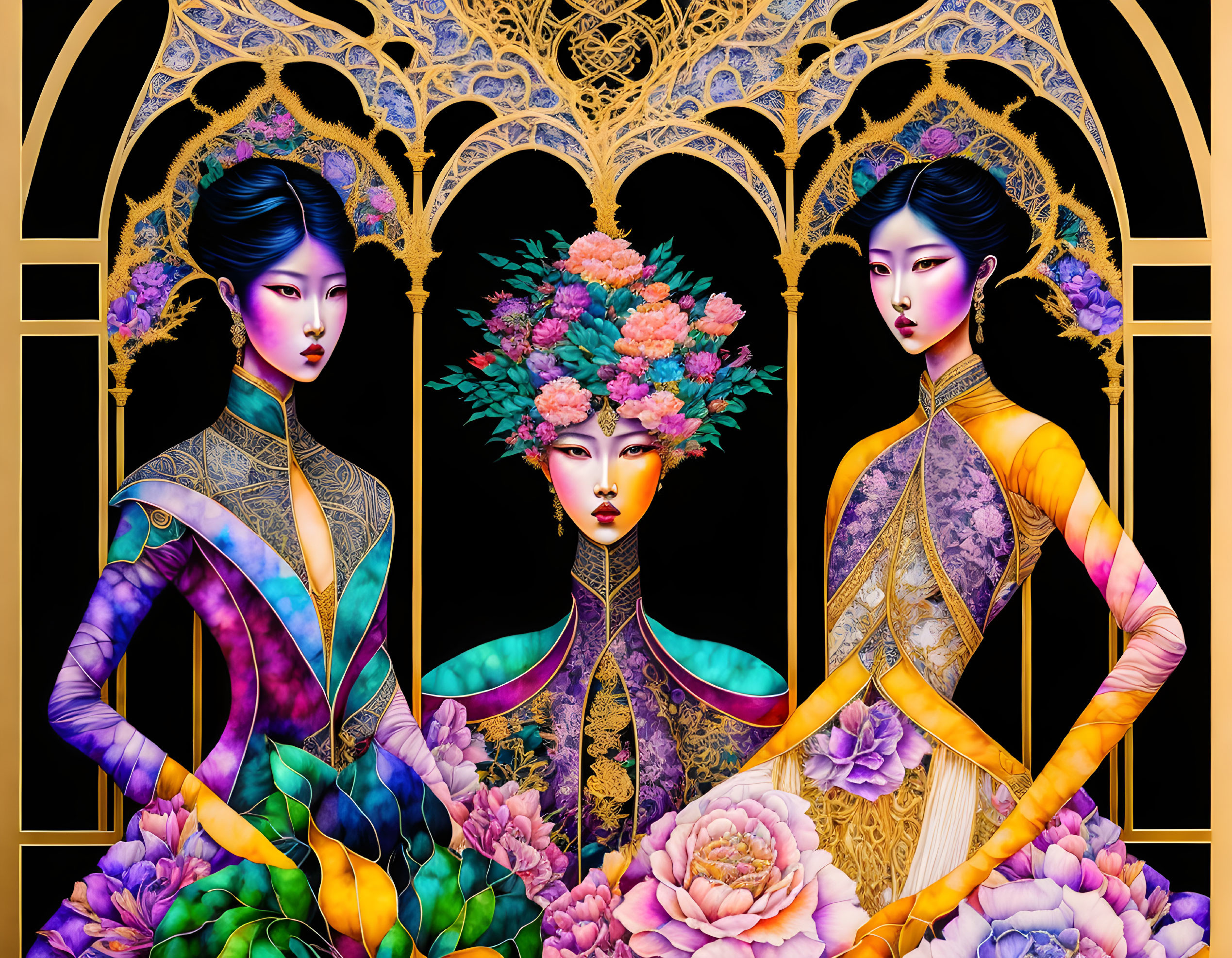 Stylized figures with intricate floral designs on ornate background