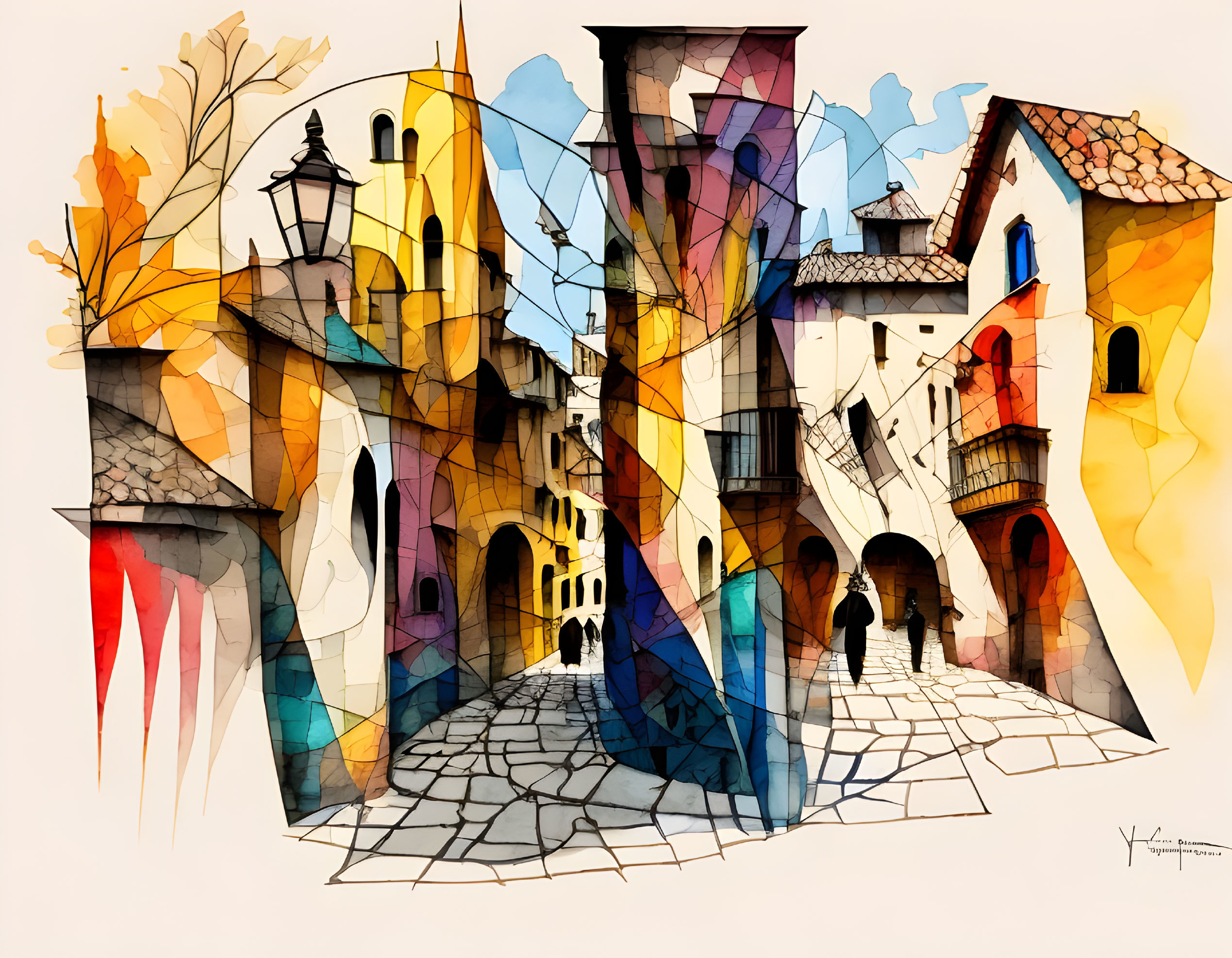 Colorful Watercolor Painting of Whimsical Street Scene